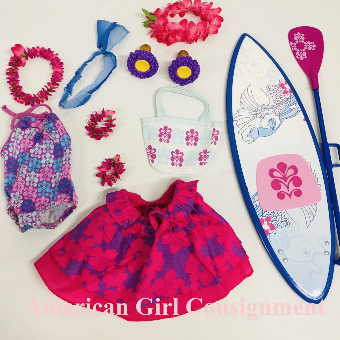 American Girl Doll Kanani Luau, Bathing Suit and Paddle: American Girl Doll Kanani Luau Skirt, Bathing Suit and Paddleboard