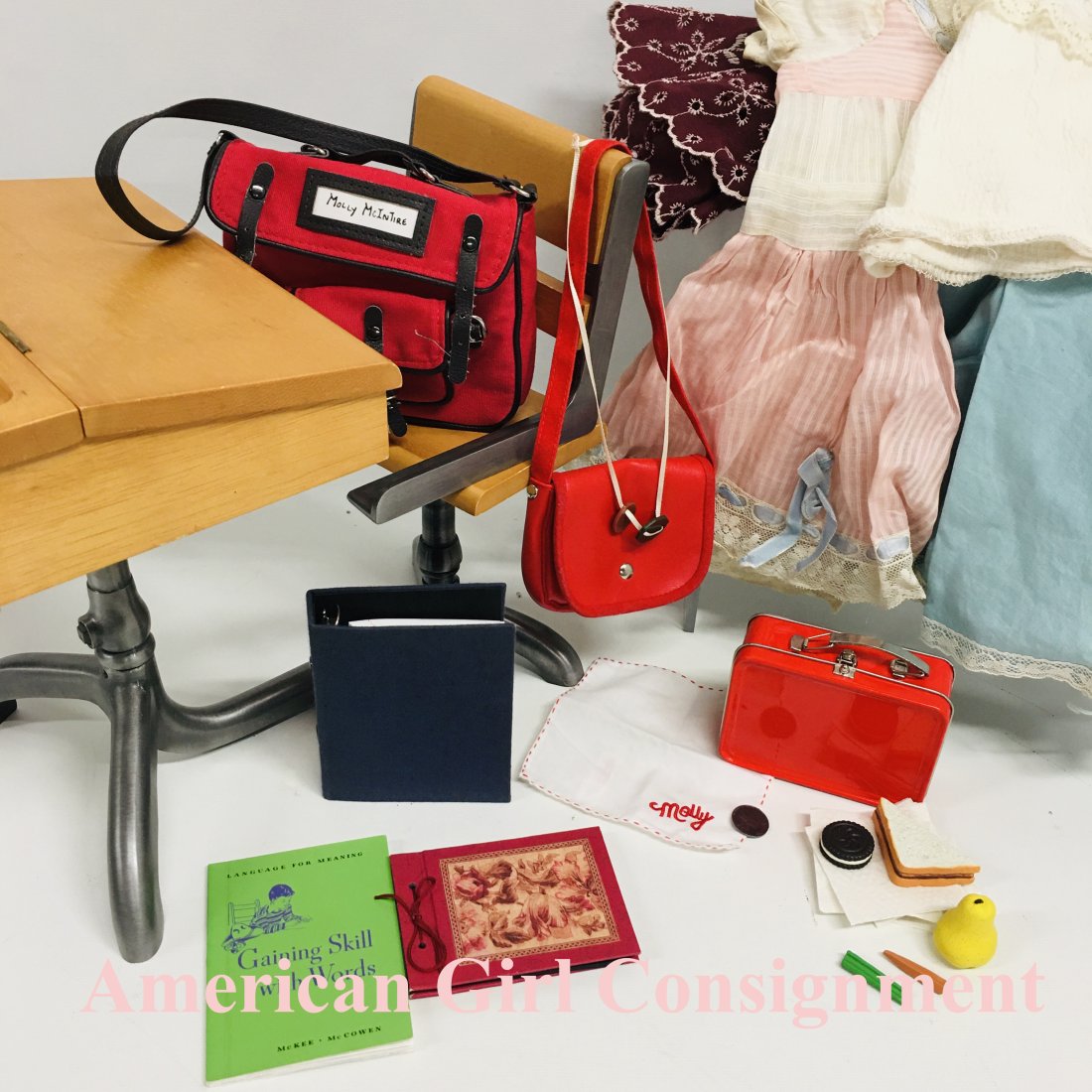 American Girl Doll Molly School Desk and Lunch Box: American Girl Doll Molly School Desk, School bag with binder, notebook, Lunch box with contents.