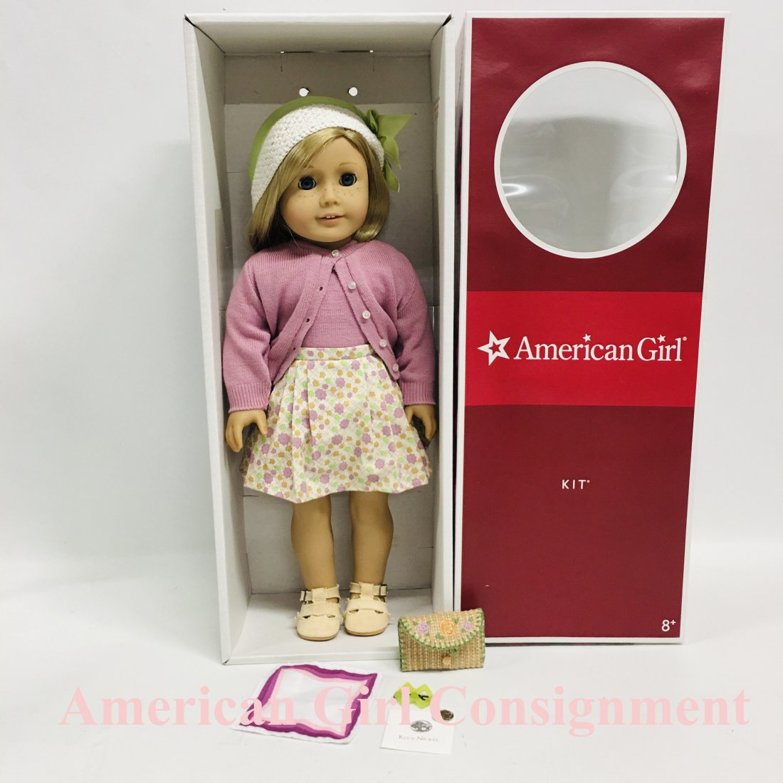 American Girl Doll Kit Kittredge with Purse and Box: American Girl Doll Kit Kittredge wearing her cloche hat, purse and Box ------------------ please review all pictures carefully because they are part of the description and show condition issues if any