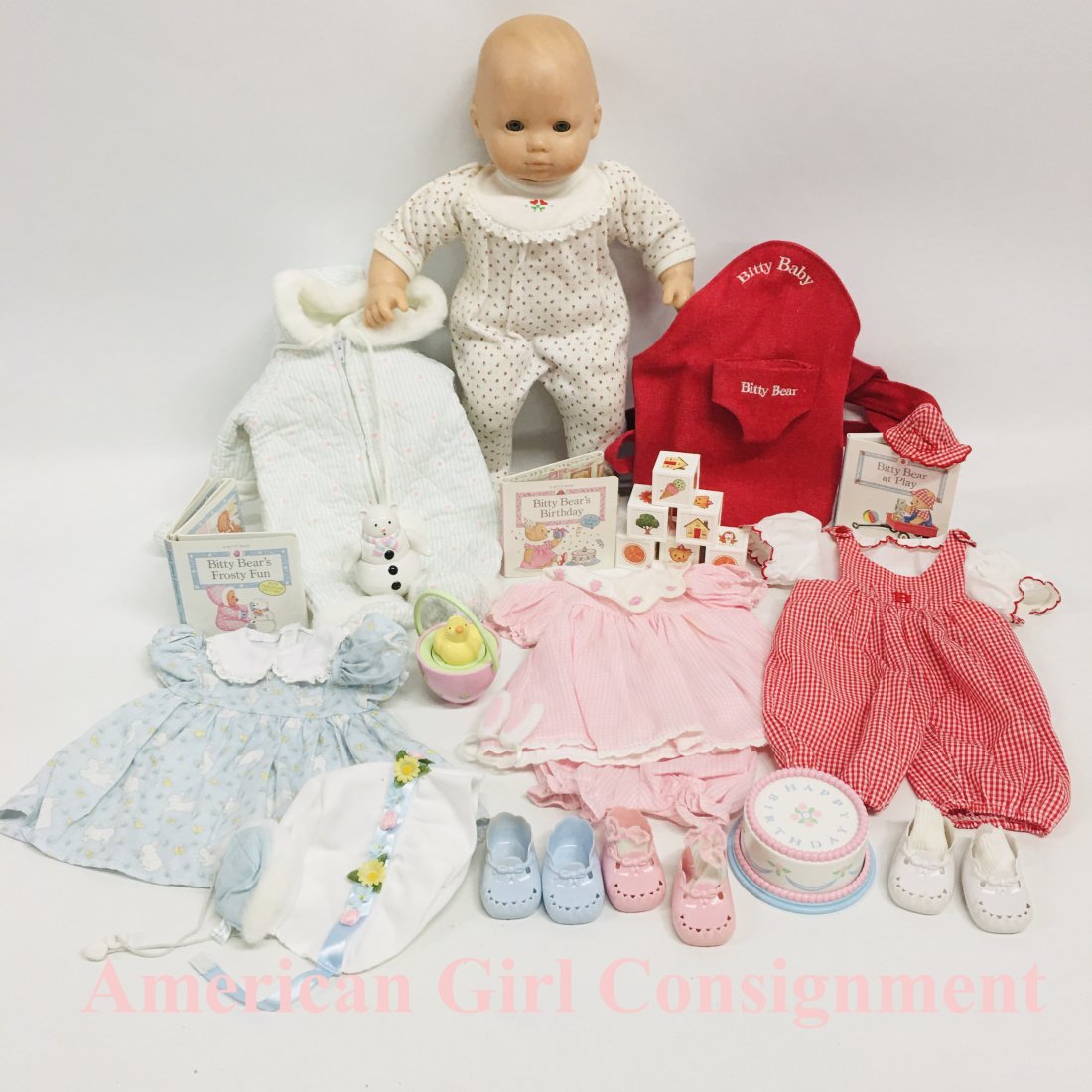 American Girl Bitty Baby Doll Dresses and Shoes: American Girl Bitty Baby Doll with Dresses and Shoes ------------------ please review all pictures carefully because they are part of the description and show condition issues if any