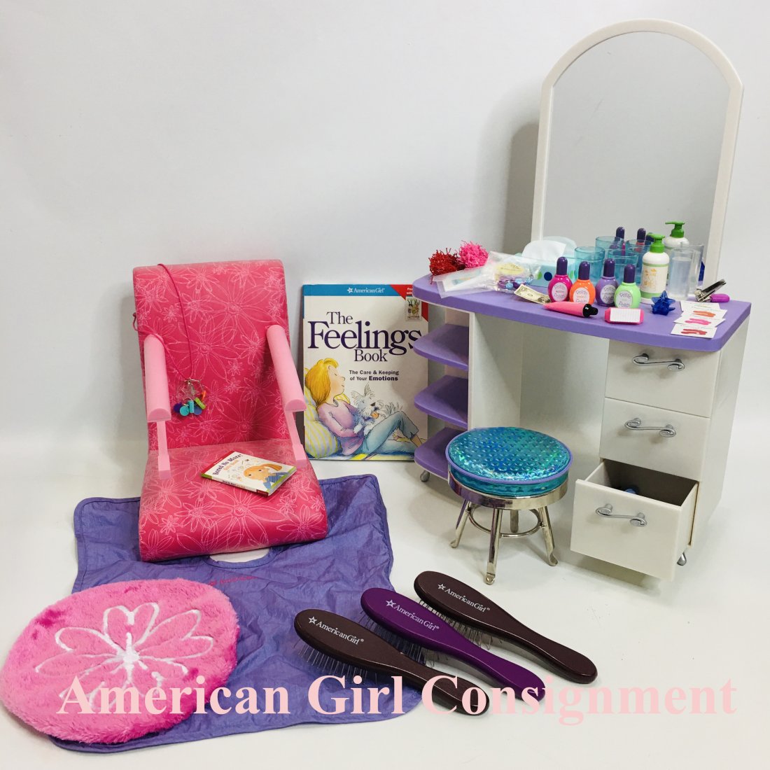 American Girl Doll Salon Station and Treat Chair: American Girl Doll Salon Station and Treat Chair ------------------ please review all pictures carefully because they are part of the description and show condition issues if any