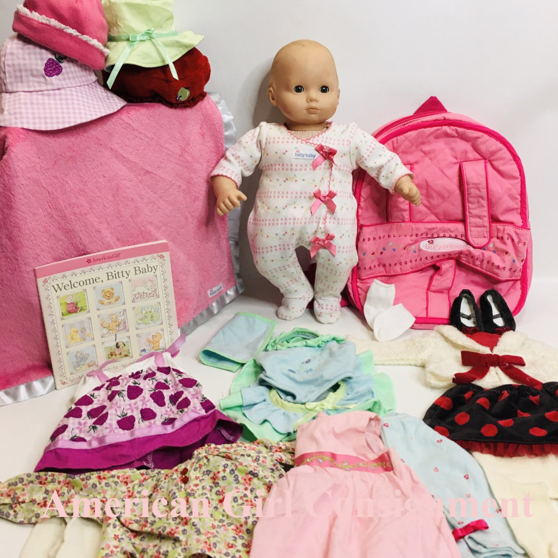 American Girl Bitty Baby Doll and Clothes Collection: American Girl Bitty Baby Doll and Clothes Collection ------------------ please review all pictures carefully because they are part of the description and show condition issues if any