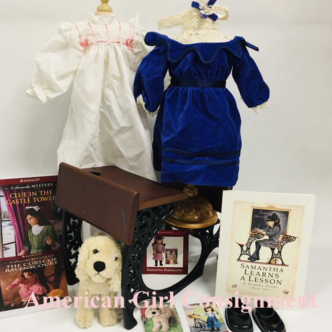 American Girl Doll Samantha Collection Desk and Outfits: American Girl Doll Samantha Collection, Velvet dress, school Desk and dog Jip ------------------ please review all pictures carefully because they are part of the description and show condition issues