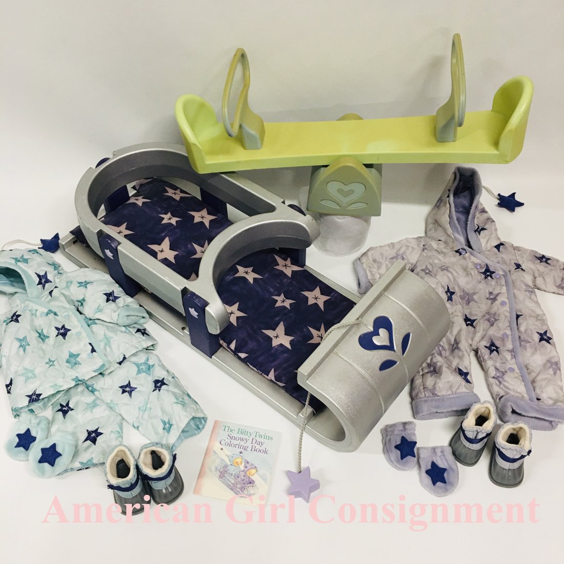American Girl Bitty Twins Toboggan and Snow Suits: American Girl Bitty Baby Twins Toboggan for two and Snowy Day SnowSuits ------------------ please review all pictures carefully because they are part of the description and show condition issues if an