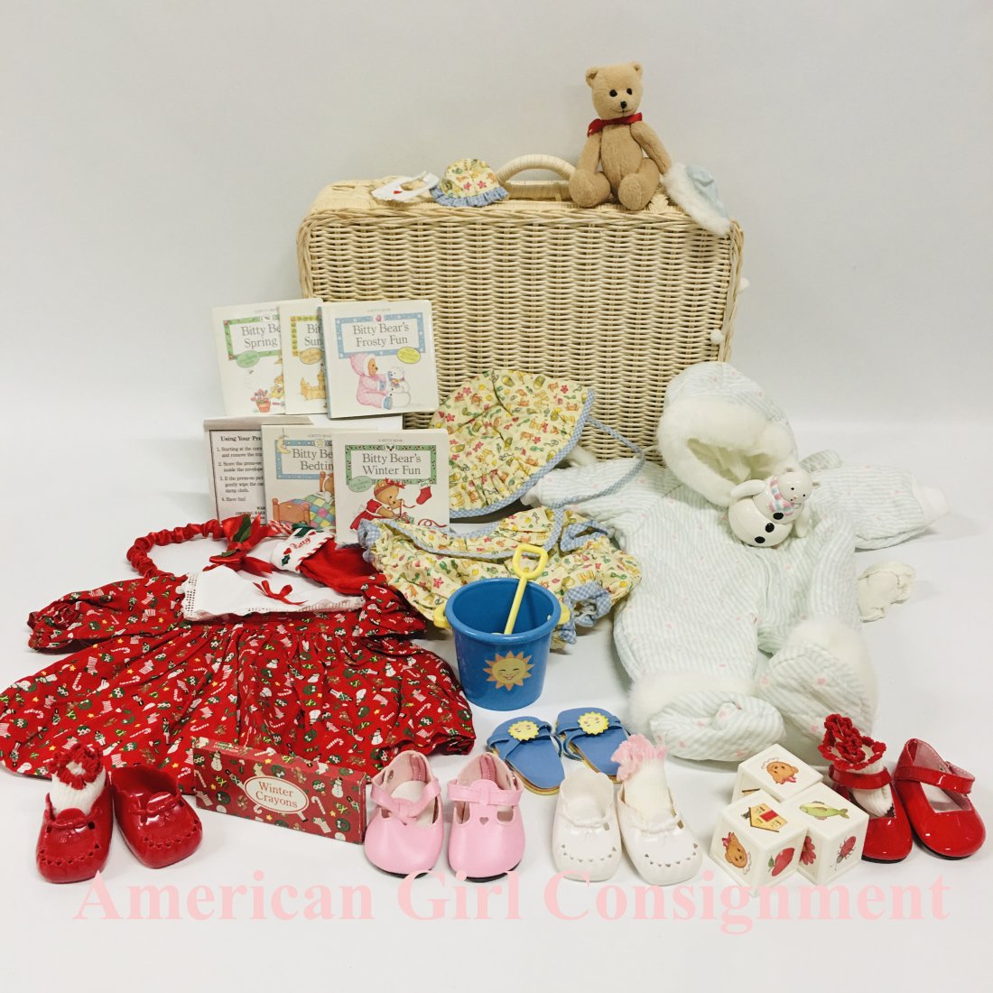 American Girl Bitty Baby Doll Wicker Suitcase, Clothes: American Girl Bitty Baby Doll Wicker Suitcase, Clothes ------------------ please review all pictures carefully because they are part of the description and show condition issues if any