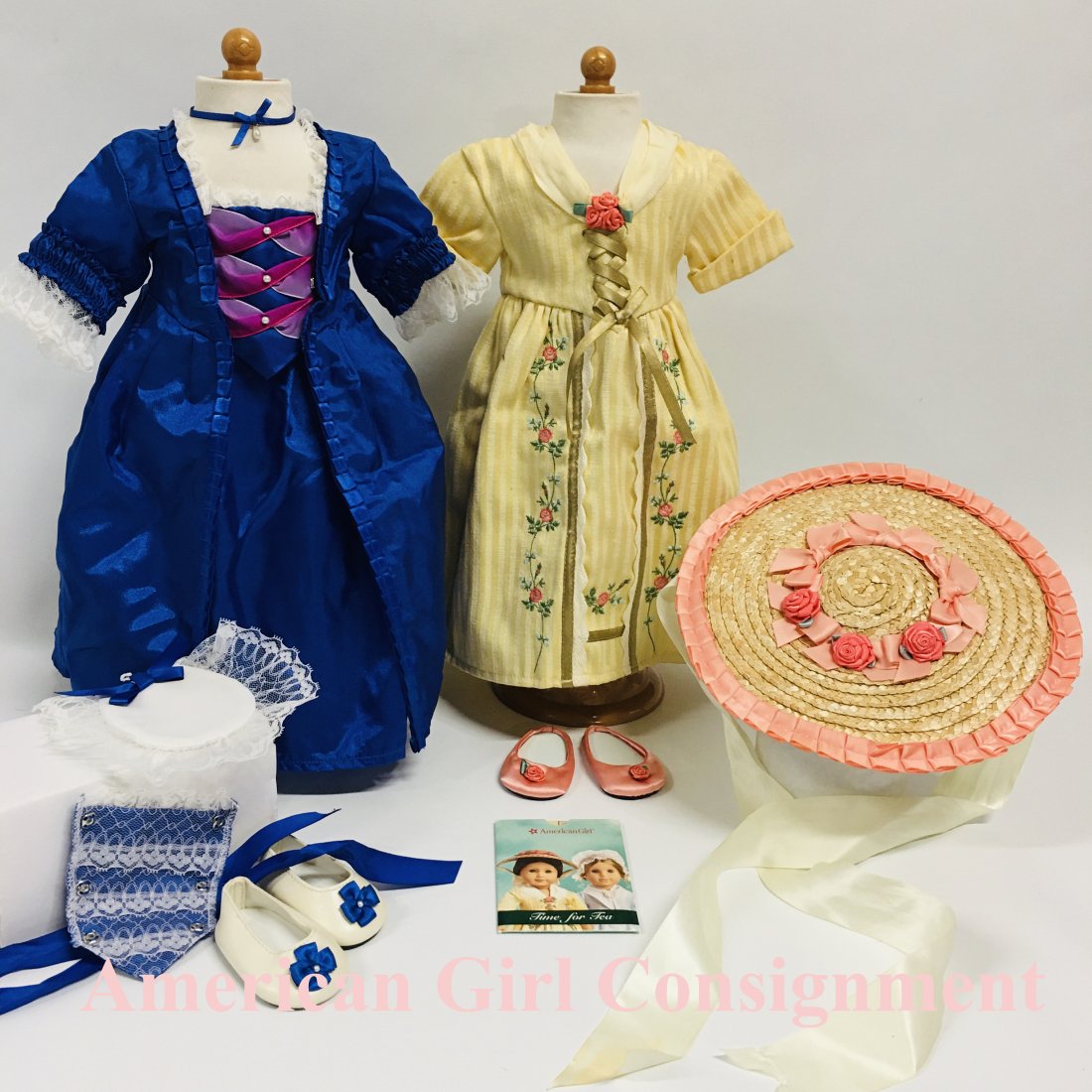 American Girl Doll Felicity Christmas Gown and Tea Set: American Girl Doll Felicity Christmas Gown and Tea Lesson Gown with straw hat ------------------ please review all pictures carefully because they are part of the description and show condition issues