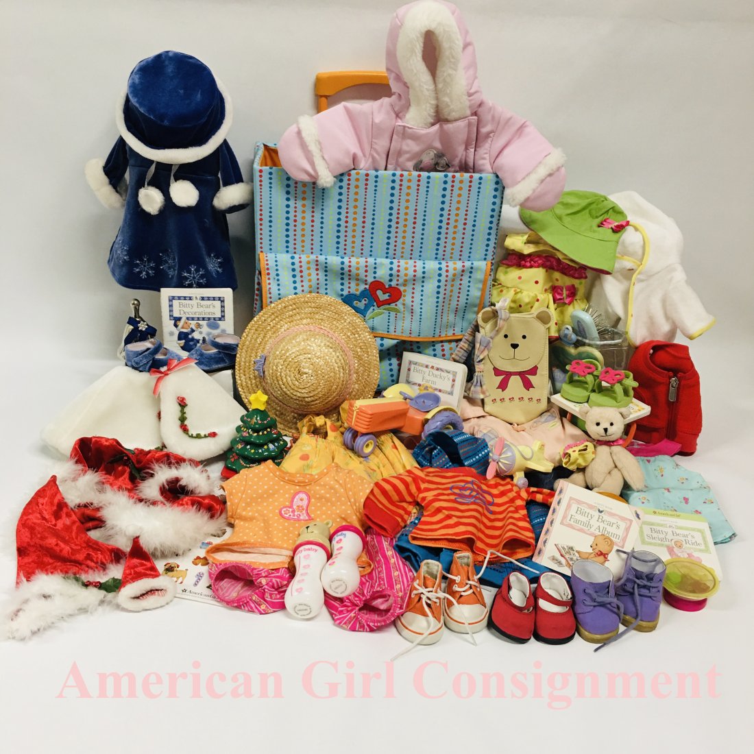 American Girl Bitty Baby Doll Carrier with lots of Clothes: American Girl Bitty Baby Doll Carrier with lots of Clothes, Shoes, and Accessories ------------------ please review all pictures carefully because they are part of the description and show condition i