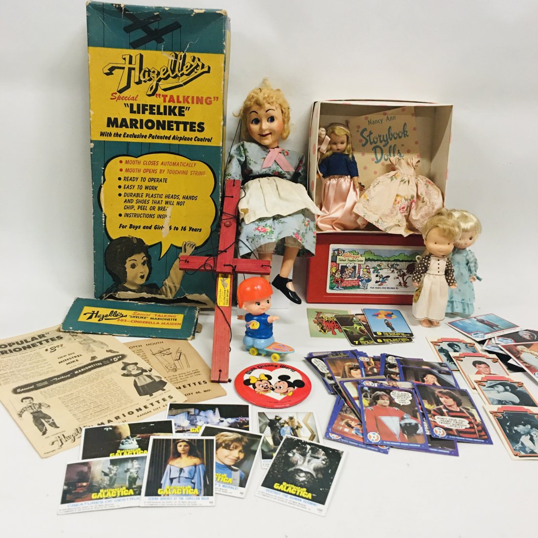Vintage 1980s and Older Toys and Cards Collection: Vintage 1980s Toys and Cards Collection: Mork and Mindy Disney, Storybook doll, Hazelle Marionette, Battlestar Galactica, Superman ------------------ please review all pictures carefully because they