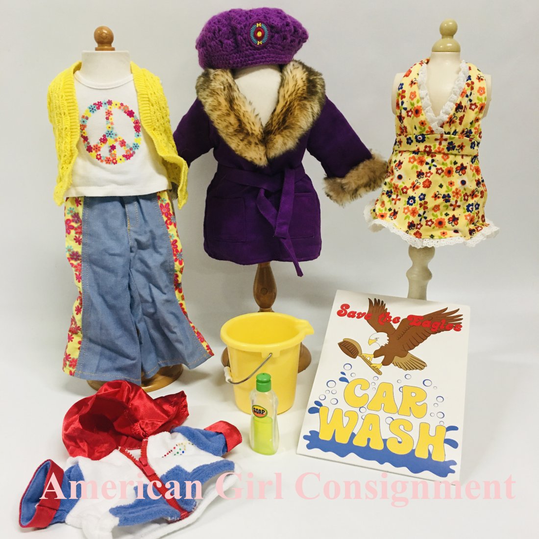 American Girl Doll Julie Clothes and Accessories: American Girl Doll Julie Clothes, Swimsuit and Car Wash Accessories ------------------ please review all pictures carefully because they are part of the description and show condition issues if any