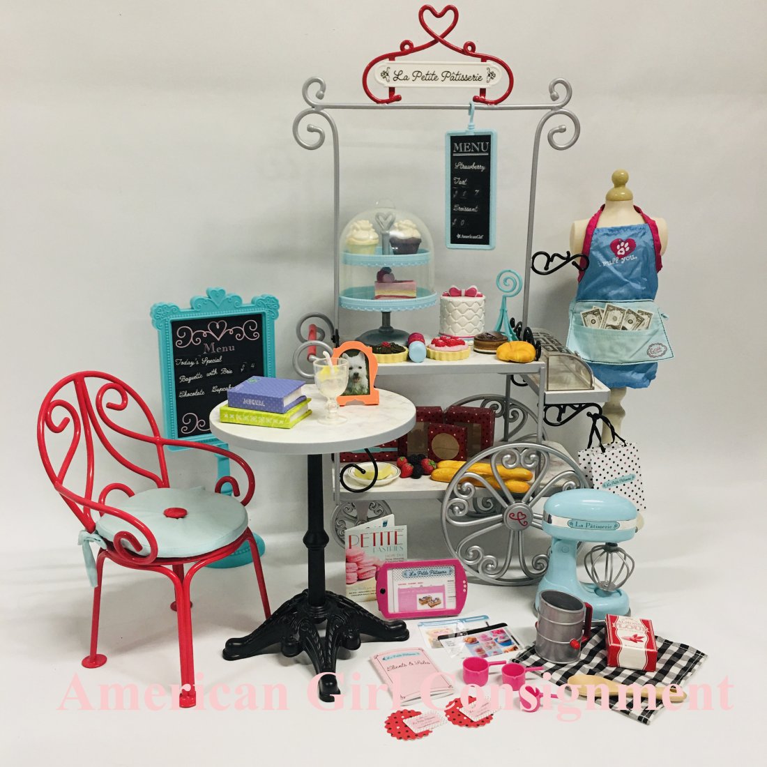 American Girl Doll Grace Pastry Cart and Bistro Set: American Girl Doll Grace Pastry Cart and Bistro Set ------------------ please review all pictures carefully because they are part of the description and show condition issues if any