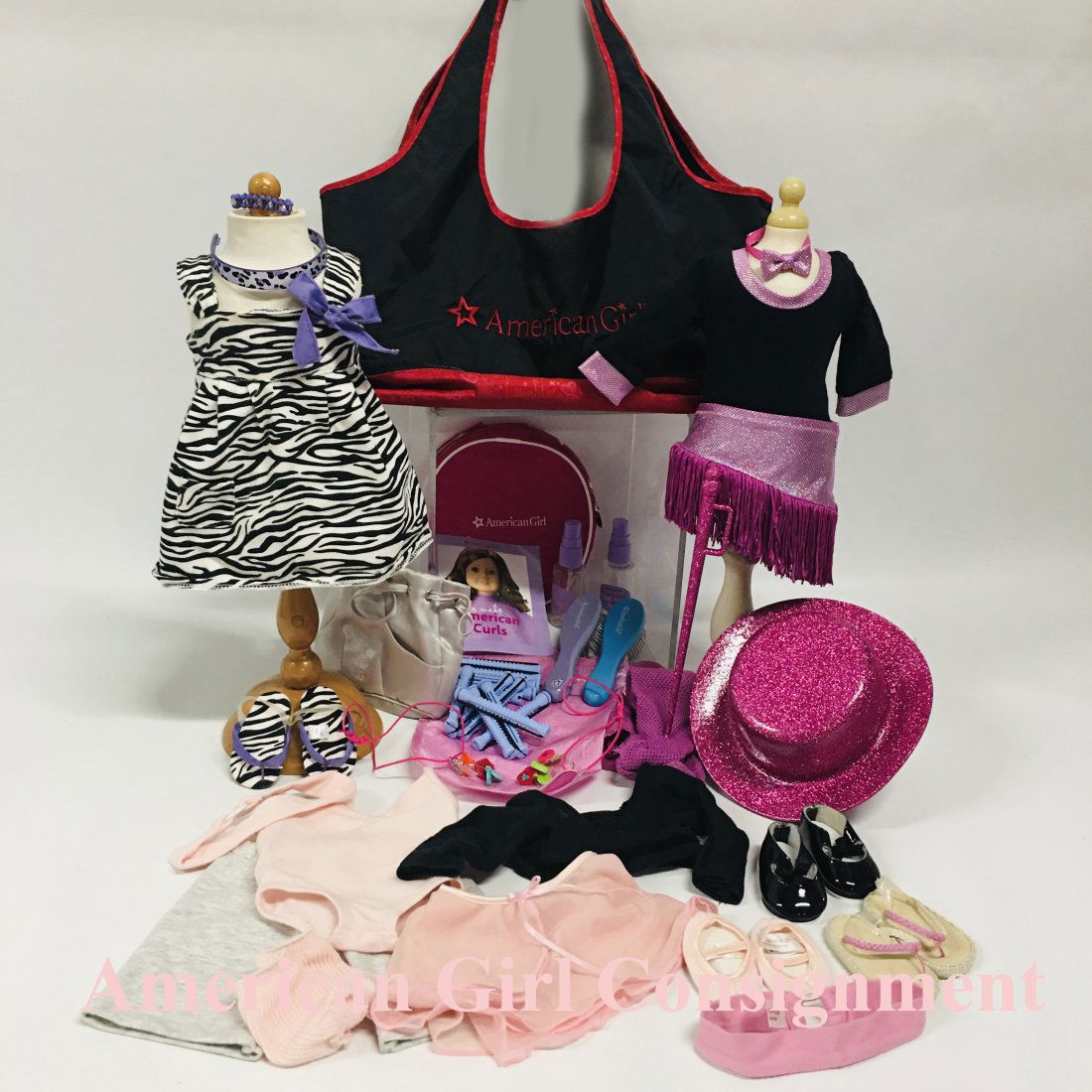 American Girl Doll Dance Clothes Grouping: American Girl Doll Dance Clothes Grouping including Gwen braided sandals and pink headband ------------------ please review all pictures carefully because they are part of the description and show con