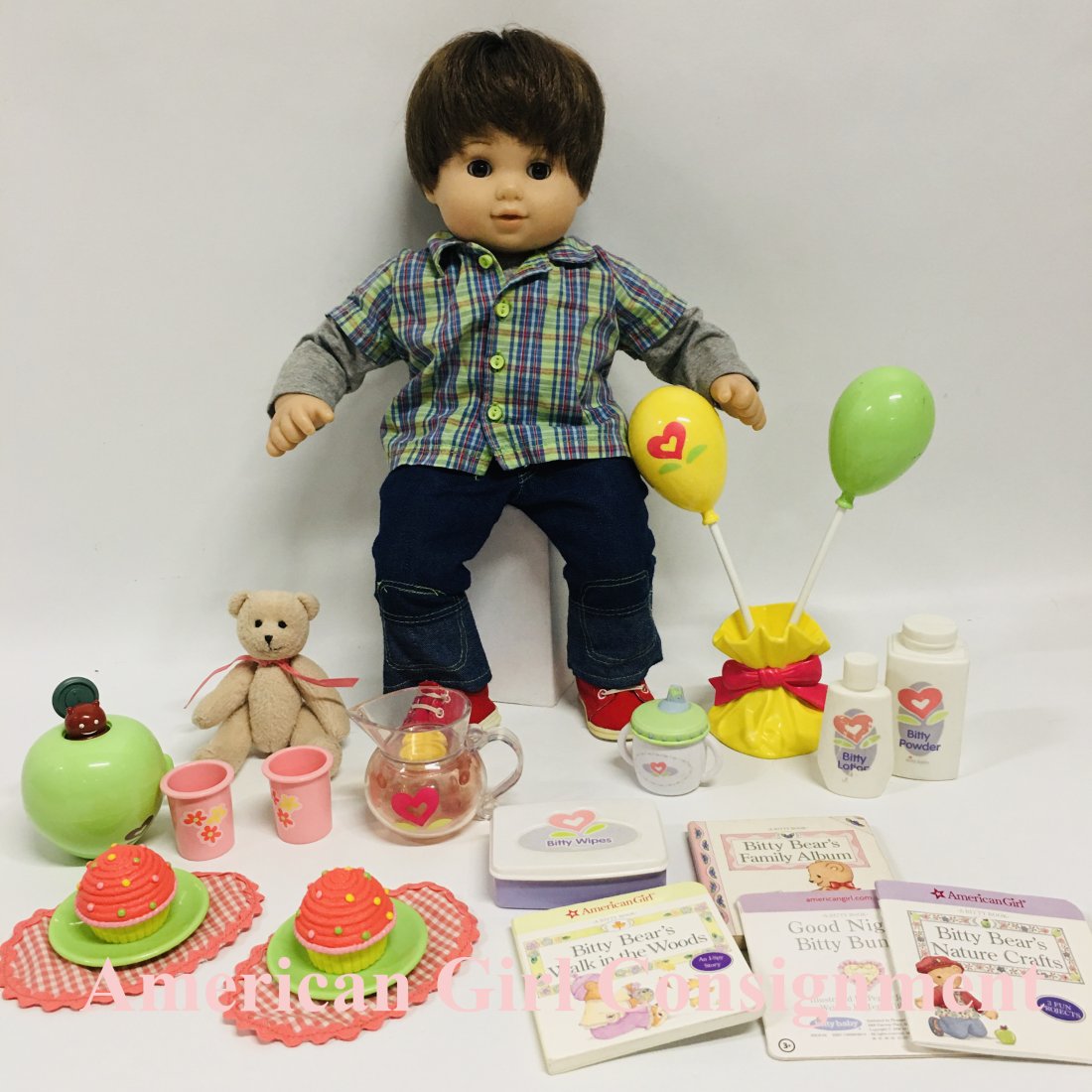American Girl Bitty Twin Boy Doll with Treats and Books: American Girl Bitty Twin Boy Doll with Treats and Books ------------------ please review all pictures carefully because they are part of the description and show condition issues if any