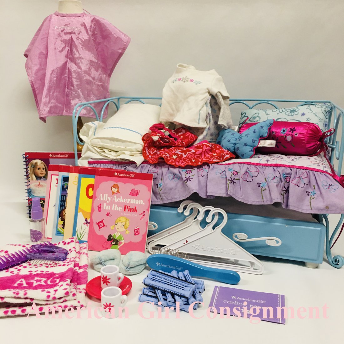 American Girl Doll Blue Curlicue Trundle Bed and Accessories: American Girl Doll Blue Curlicue Trundle Bed and Accessories ------------------ please review all pictures carefully because they are part of the description and show condition issues if any