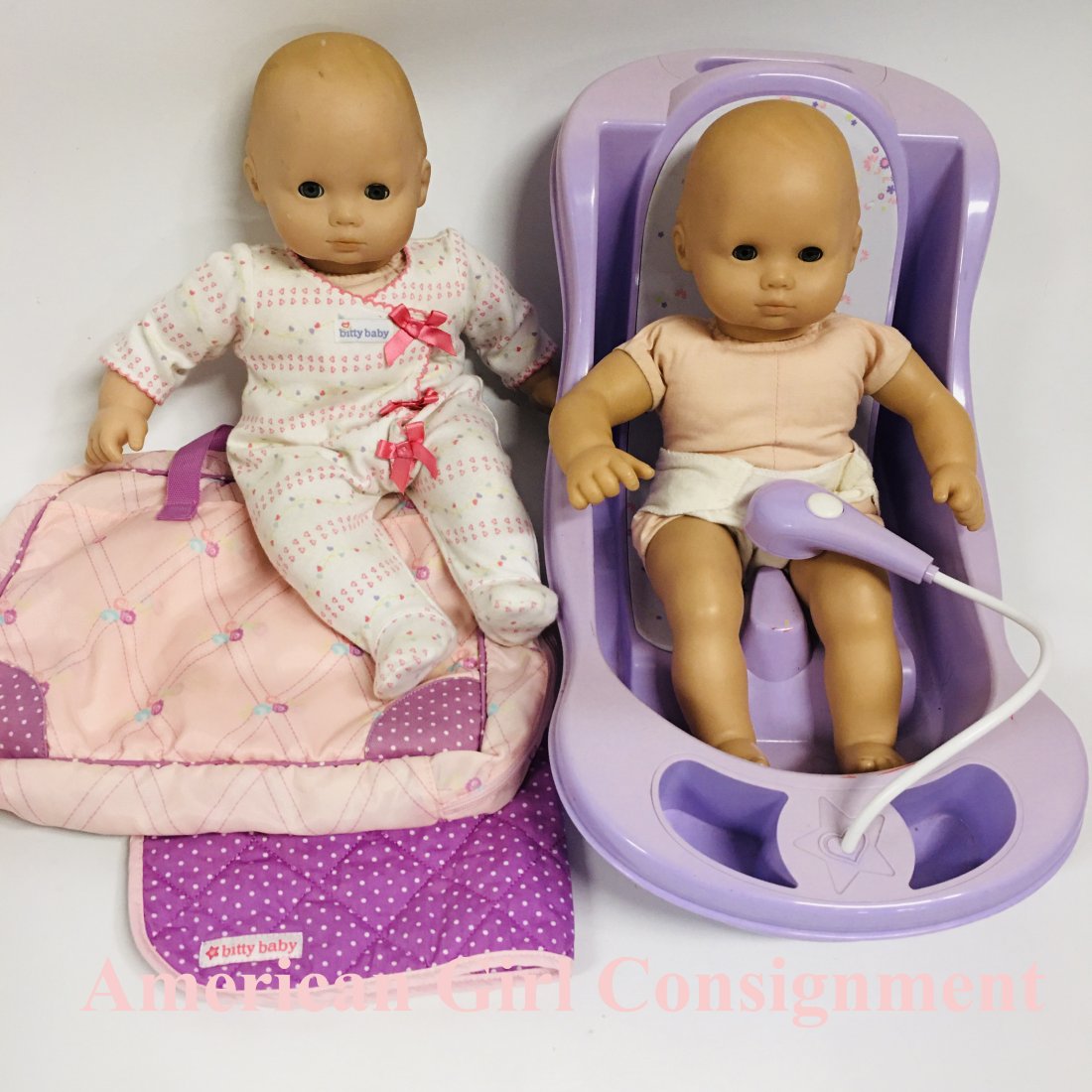 American Girl Bitty Baby Dolls with Bathtub: American Girl Bitty Baby Dolls with Bathtub ------------------ please review all pictures carefully because they are part of the description and show condition issues if any