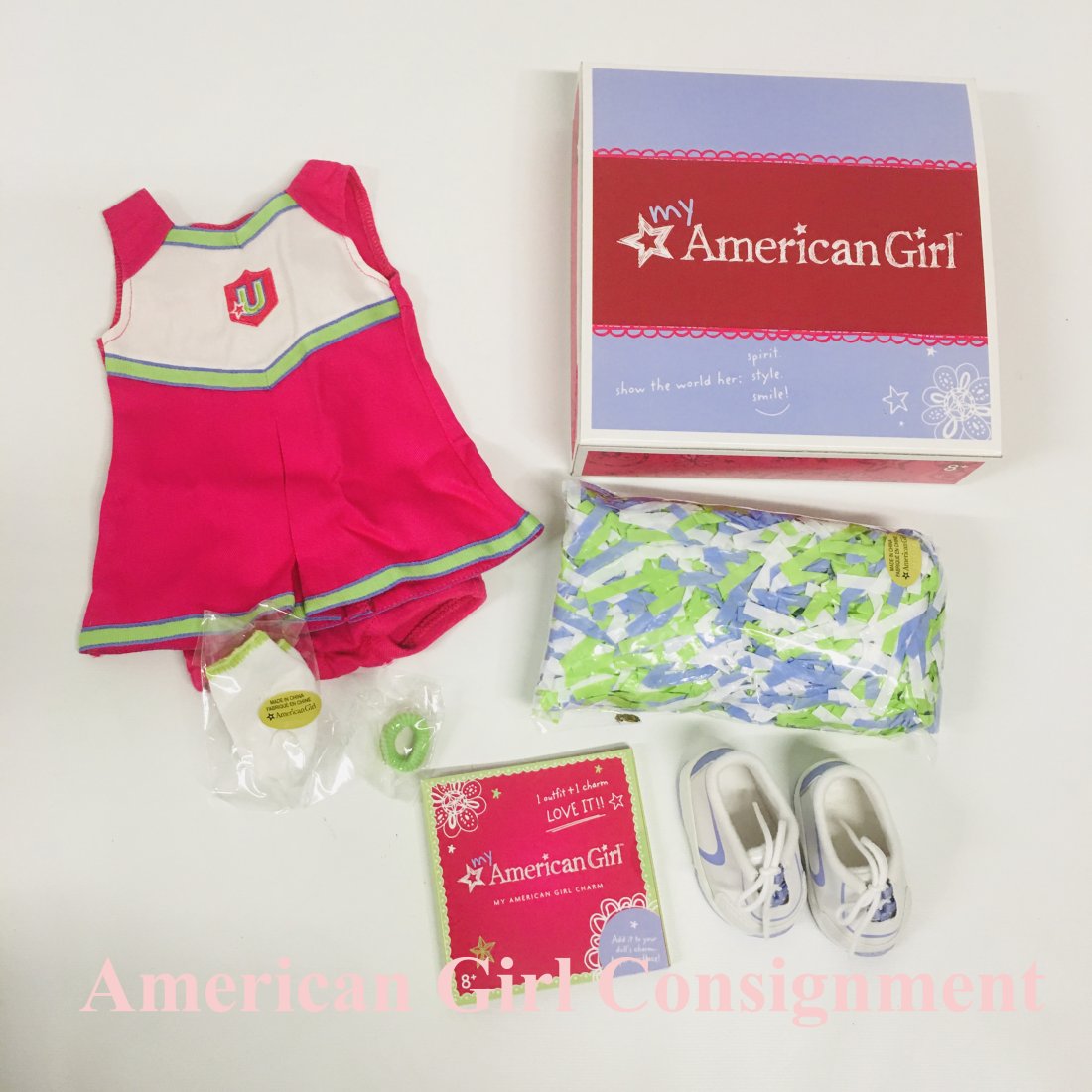 My American Girl Doll Campus Cheer Gear with Box: My American Girl Doll Campus Cheer Gear with Box ------------------ please review all pictures carefully because they are part of the description and show condition issues if any