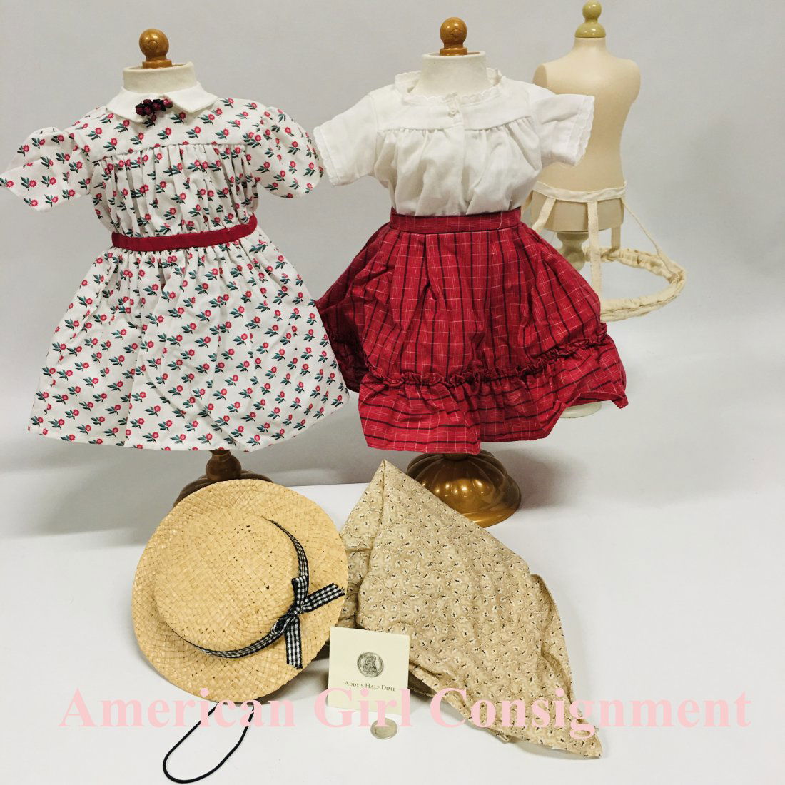 American Girl Doll Addy Summer Dress, Straw Hat and Under Garments (1 of 8)