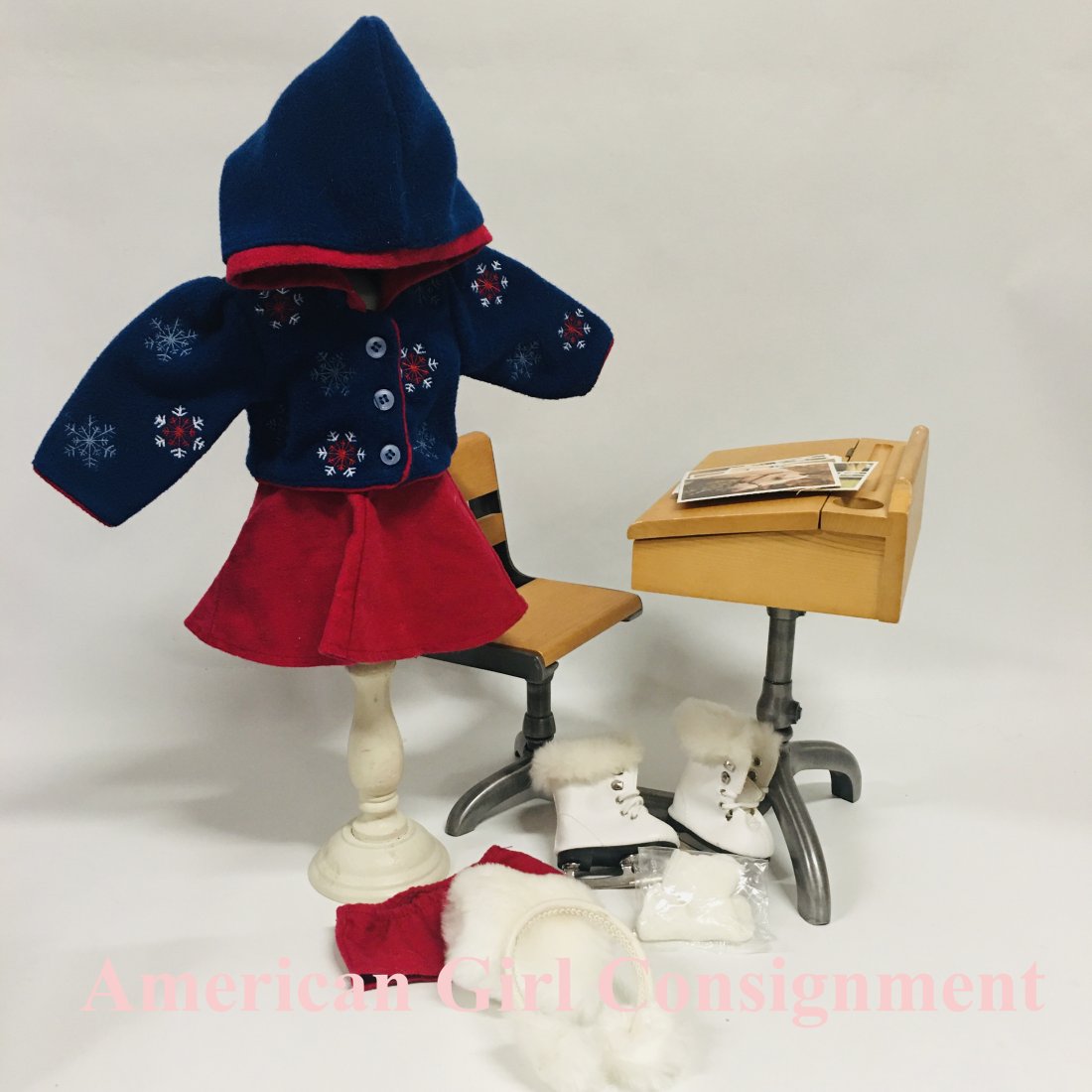American Girl Doll Molly Skating Outfit and School DesK: American Girl Doll Molly Skating Outfit and School DesK ------------------ please review all pictures carefully because they are part of the description and show condition issues if any