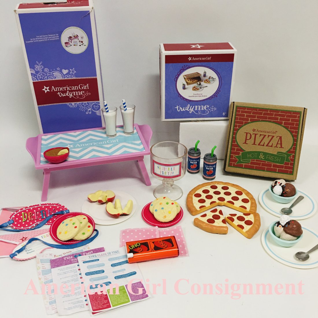 American Girl Doll Fun Games Sleepover and Pizza Party Sets: American Girl Doll Fun and Games Sleepover Set and Pizza Party Set ------------------ please review all pictures carefully because they are part of the description and show condition issues if any ---