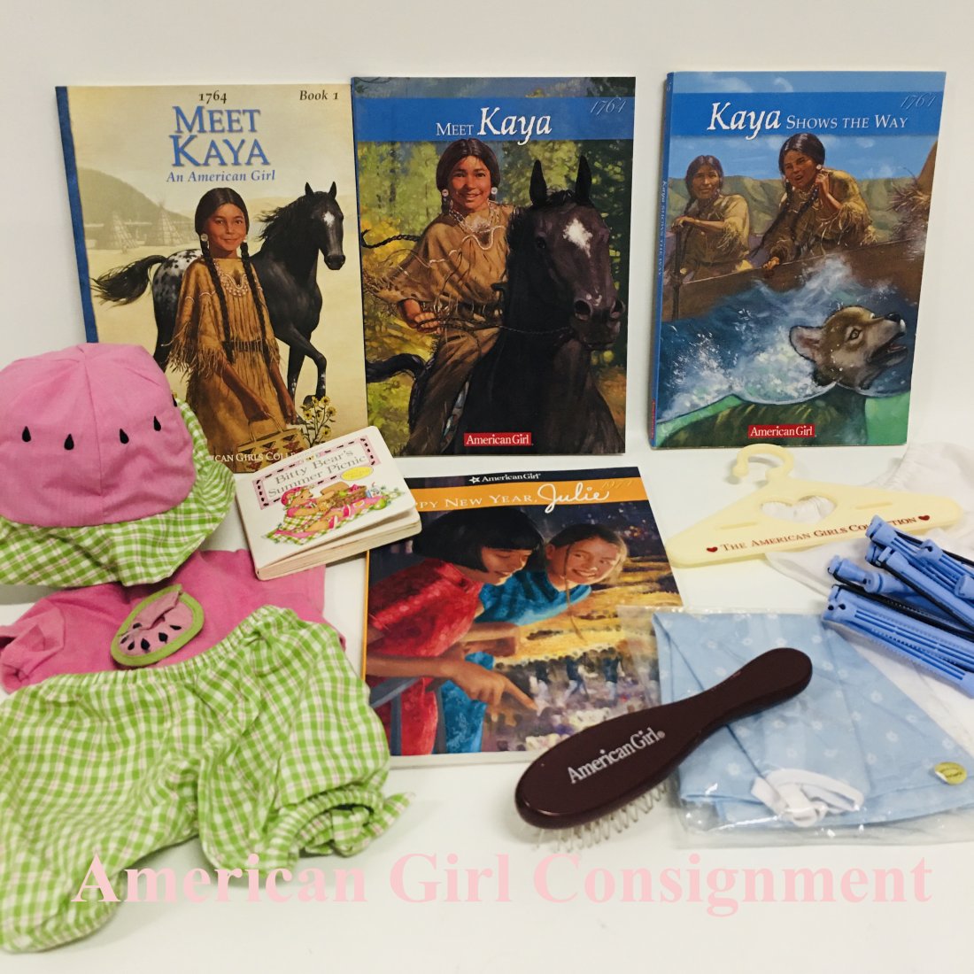 American Girl Doll Kaya Books and Bitty Baby Clothes: American Girl Doll Kaya Books and Bitty Baby Clothes and more ------------------ please review all pictures carefully because they are part of the description and show condition issues if any --------