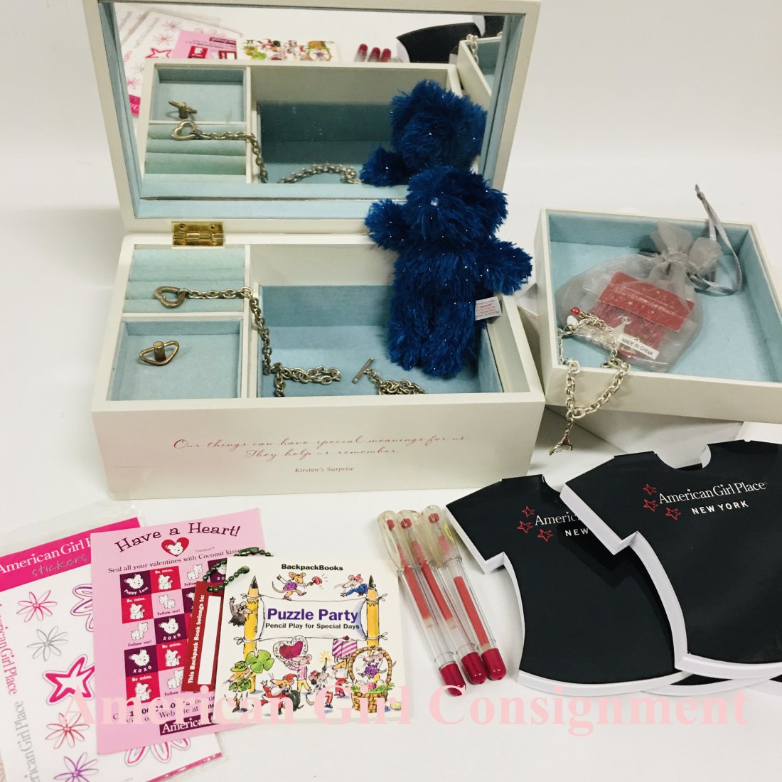 American Girl Collection Musical jewelry Box and Contents: American Girl Collection Musical jewelry Box and Contents ------------------ please review all pictures carefully because they are part of the description and show condition issues if any ------------