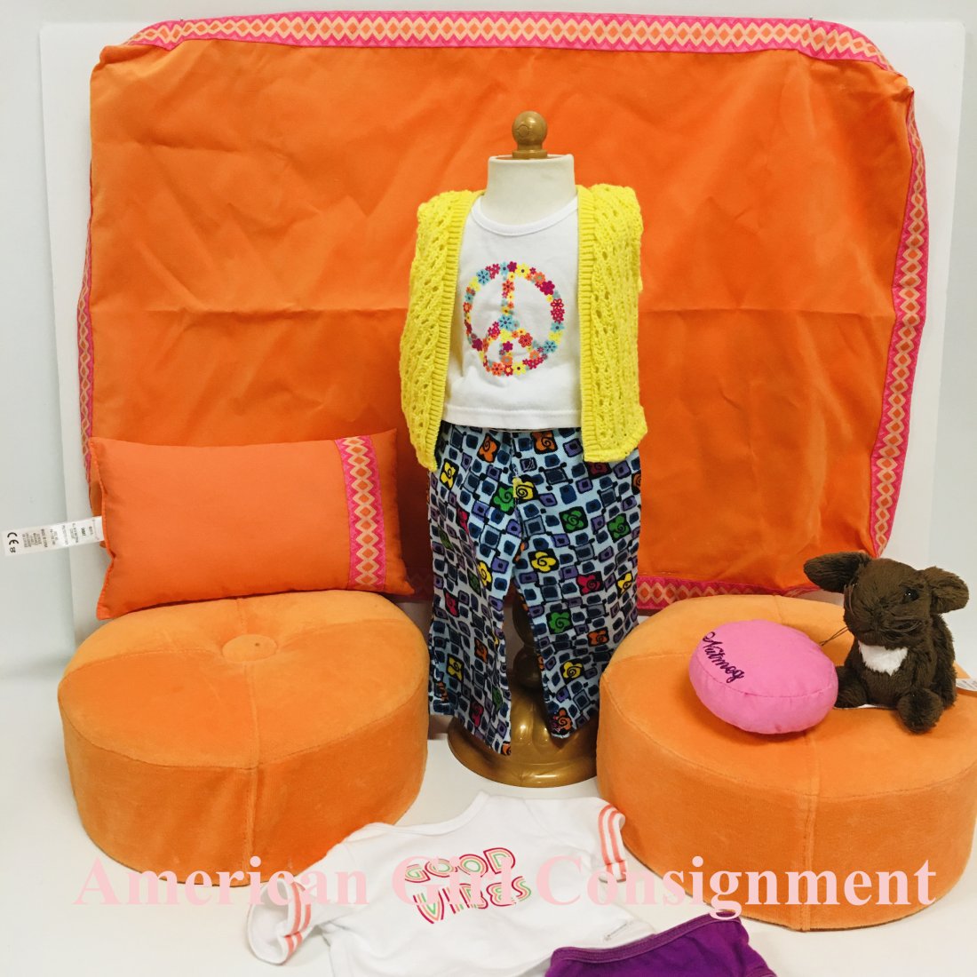 American Girl Doll Julie Collection: American Girl Doll Julie Collection including clothes, ottoman, pet nutmeg and pillow ------------------ please review all pictures carefully because they are part of the description and show conditio