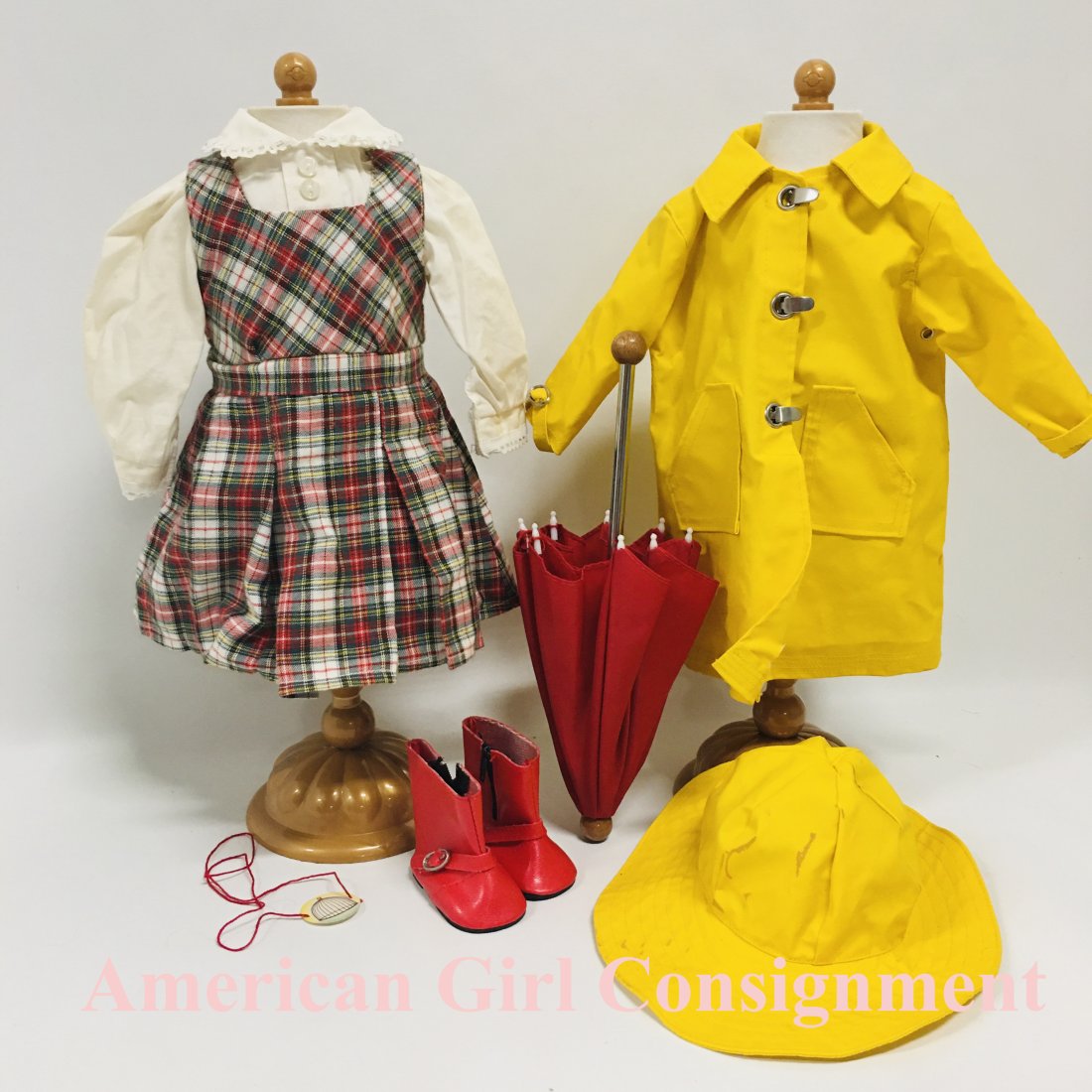 Pleasant Company Molly Doll Rain Gear and Plaid School Dress: Pleasant Company Molly Doll Raincoat, Boots and umbrella and Plaid School Dress, American Girl. Whites have yellowed. ------------------ please review all pictures carefully because they are part of t