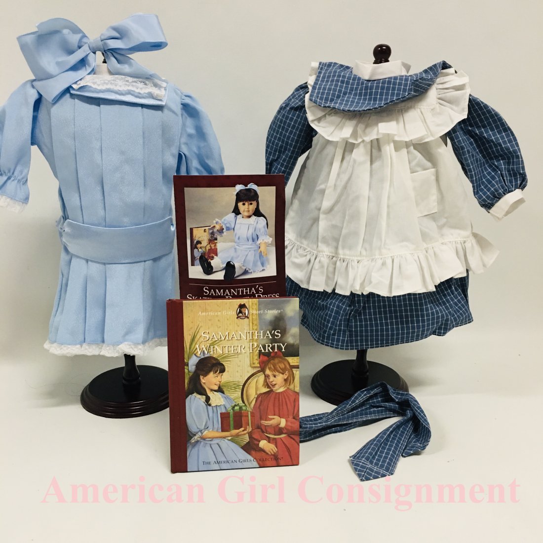 American Girl Doll Samantha Skating Party Dress and School Dress: American Girl Doll Samantha Skating Party Dress and School Dress with Pinafore ------------------ please review all pictures carefully because they are part of the description and show condition issue