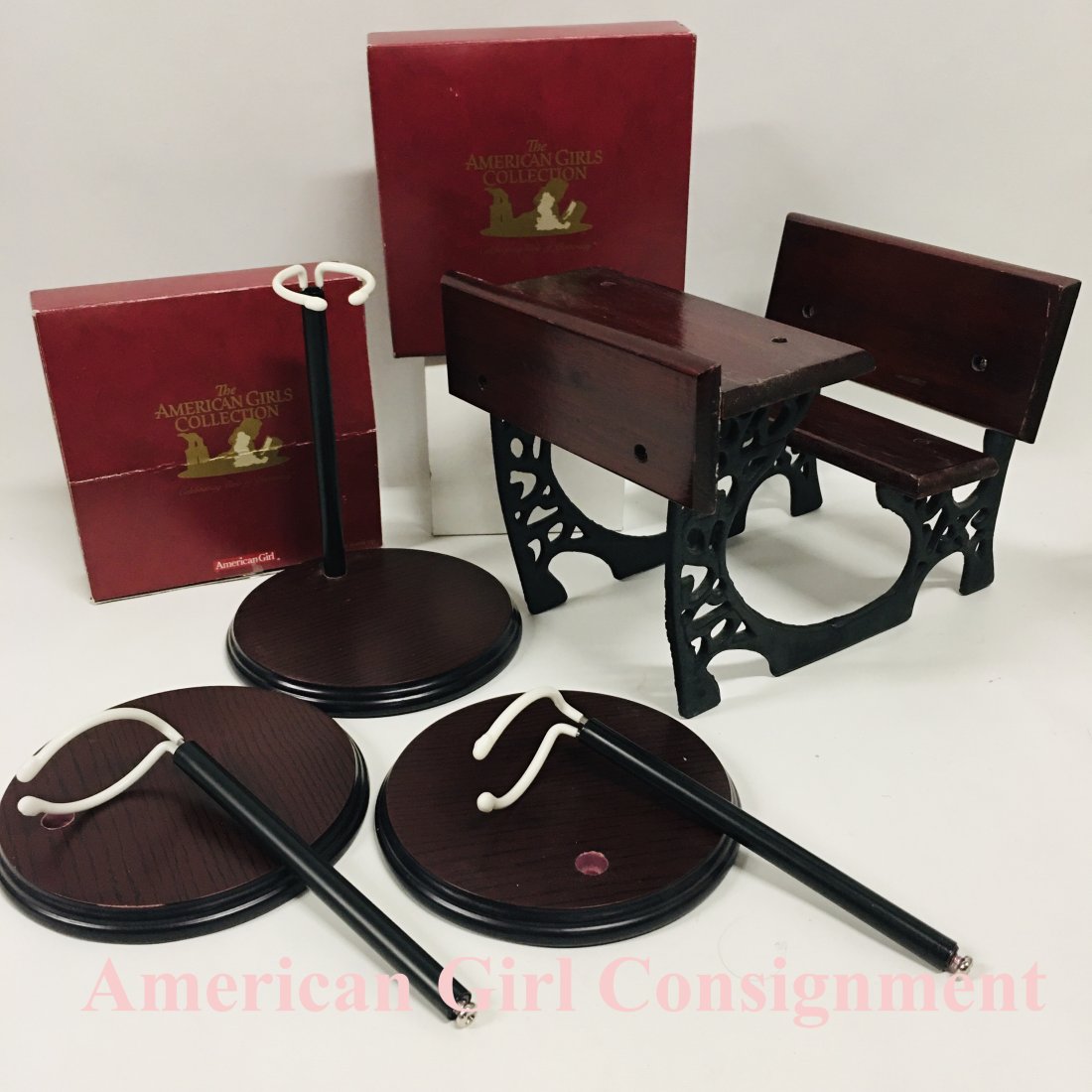 American Girl Doll School Desk and Doll Stands with Boxes: American Girl Doll School Desk and Doll Stands, a couple with Boxes ------------------ please review all pictures carefully because they are part of the description and show condition issues if any --