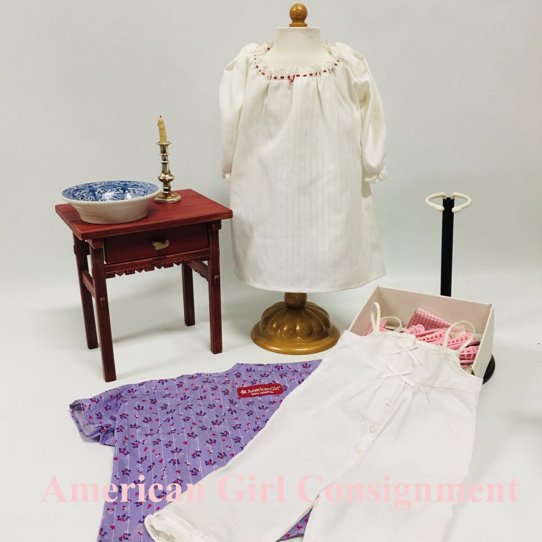 American Girl Doll Josefina Nightstand, Night Shift and basin: American Girl Doll Josefina Nightstand, Night Shift and blue-and-white basin ------------------ please review all pictures carefully because they are part of the description and show condition issues 