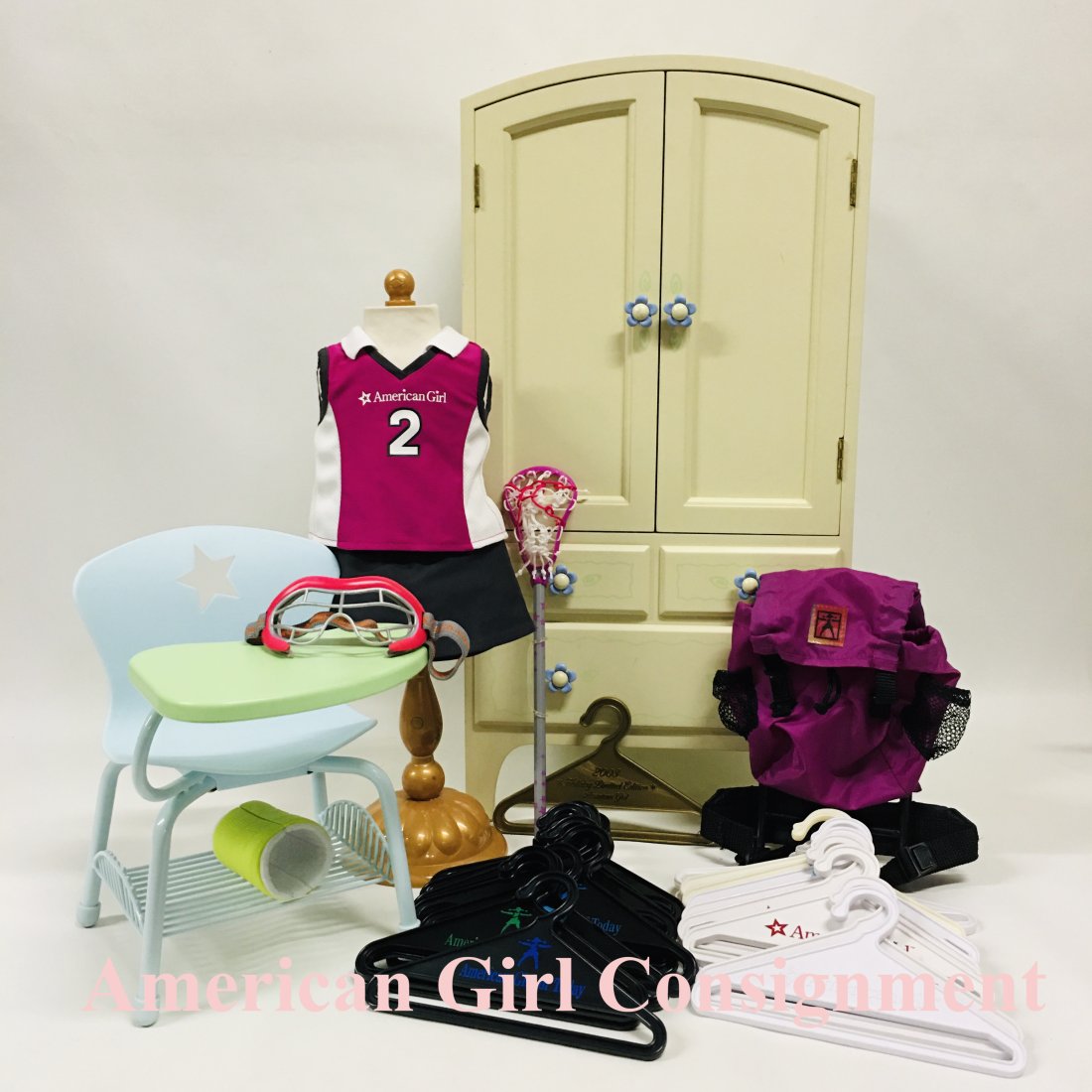 American Girl of Today Flower Armoire, School Desk and Lacrosse Outfit: American Girl of Today Flower Armoire, School Desk and Lacrosse Outfit ------------------ please review all pictures carefully because they are part of the description and show condition issues if any
