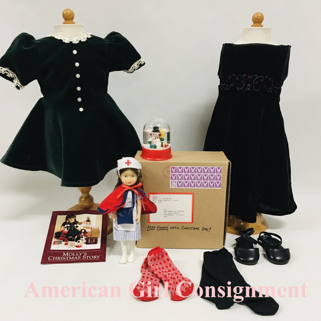 American Girl Doll Molly Holiday Dress and Christmas box: American Girl Doll Molly Holiday Dress, Christmas box and accessories ------------------ please review all pictures carefully because they are part of the description and show condition issues if any