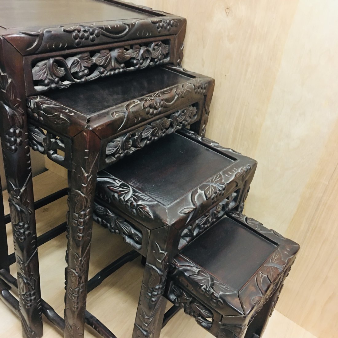 Early 20th C. Chinese Nest of 4 Tables, Carved Hardwood: Early 20th C. Chinese Nest of 4 Tables, Carved Hardwood, measures 27.5x13.5 inches ------------------ please review all pictures carefully because they are part of the description and show condition i