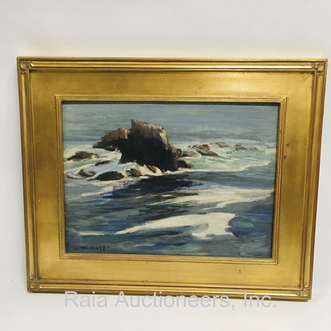Seascape, Oil on Masonite signed Clyde E. Scott: Oil on Masonite signed Clyde E. Scott, American, (1884 - 1959) Seascape of coastal rocks. 12 x 16 inches ------------------ please review all pictures carefully because they are part of the descriptio