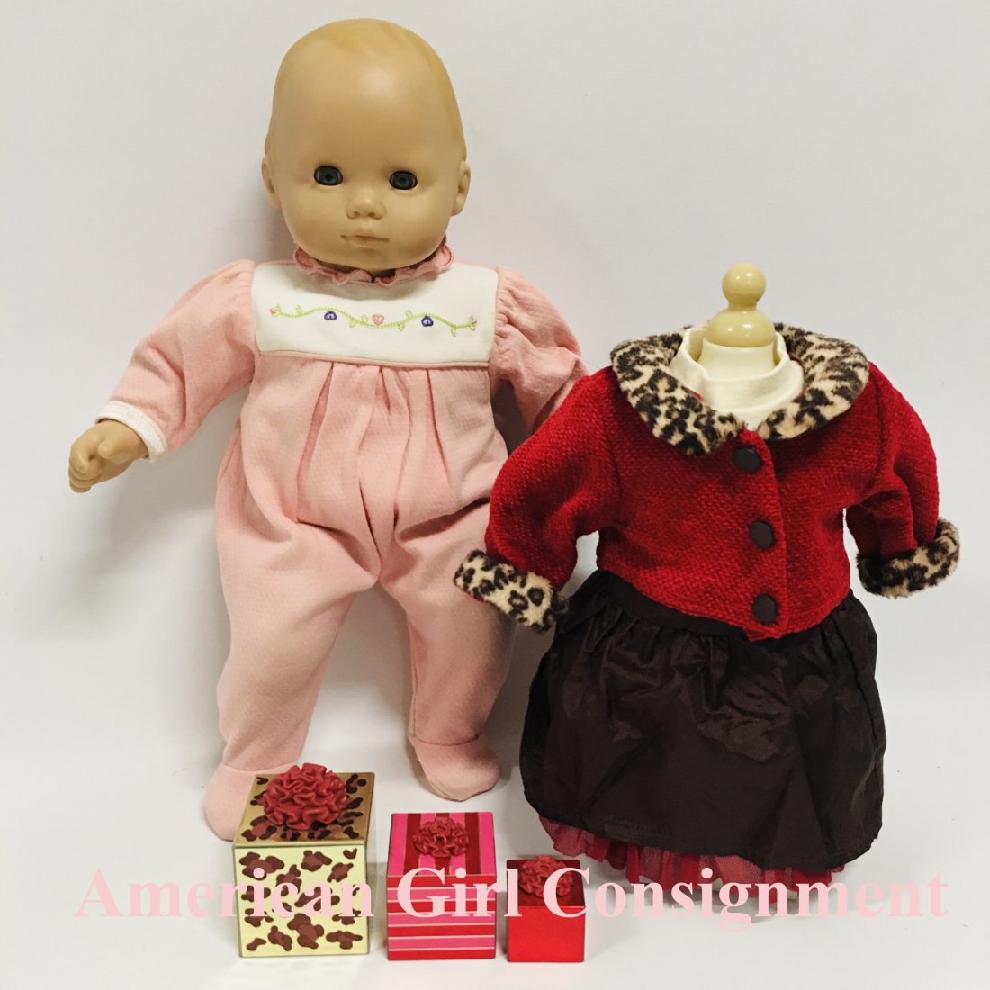American Girl Doll Bitty Baby and Chocolate Cherry Set: American Girl Doll Bitty Baby together with Chocolate Cherry Cardigan and Skirt Set ------------------ please review all pictures carefully because they are part of the description and show condition 