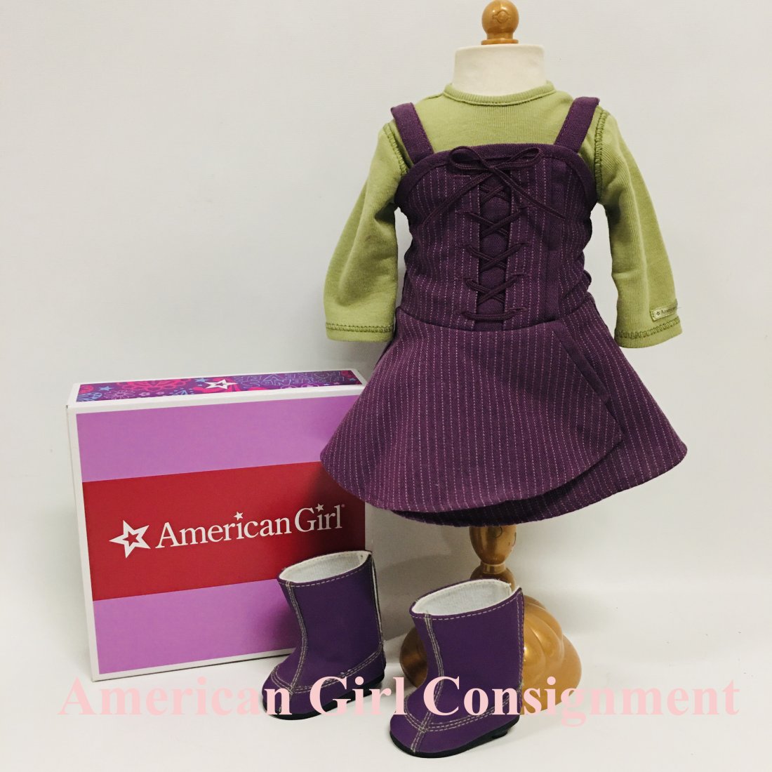 American Girl Doll Jumper and Boots Set: American Girl Doll Jumper and Boots Set ------------------ please review all pictures carefully because they are part of the description and show condition issues if any ------------------ please cons