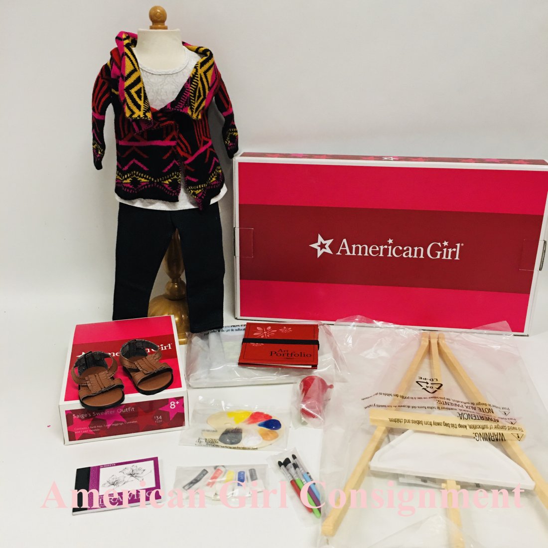 American Girl Doll Saige Sweater Outfit and Painting Set: American Girl Doll Saige Sweater Outfit and Painting Set ------------------ please review all pictures carefully because they are part of the description and show condition issues if any -------------