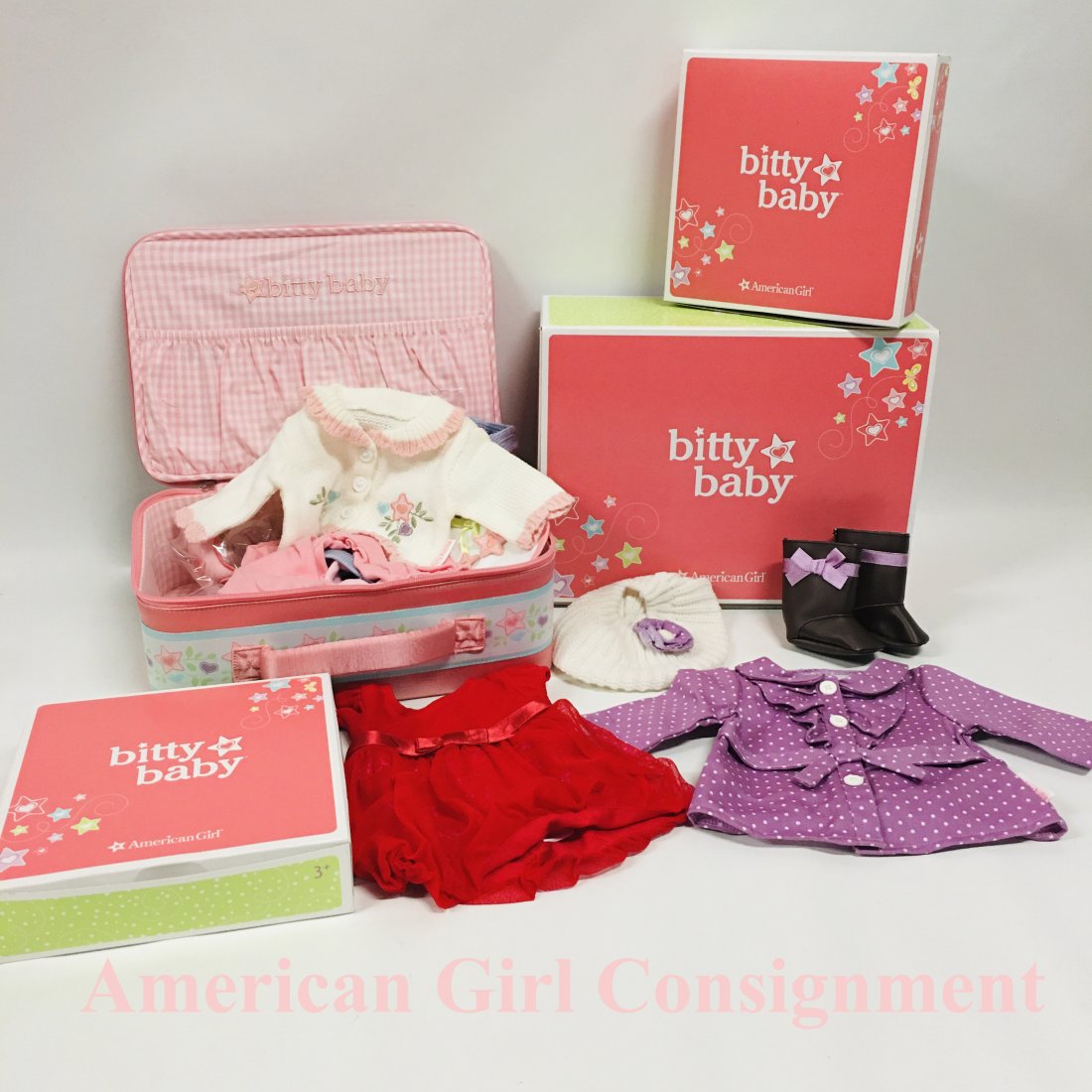 American Girl Doll Bitty Baby Deluxe Layette Set and Dotty Coat: American Girl Doll Bitty Baby Deluxe Layette Set, Dotty Coat and more ------------------ please review all pictures carefully because they are part of the description and show condition issues if any 