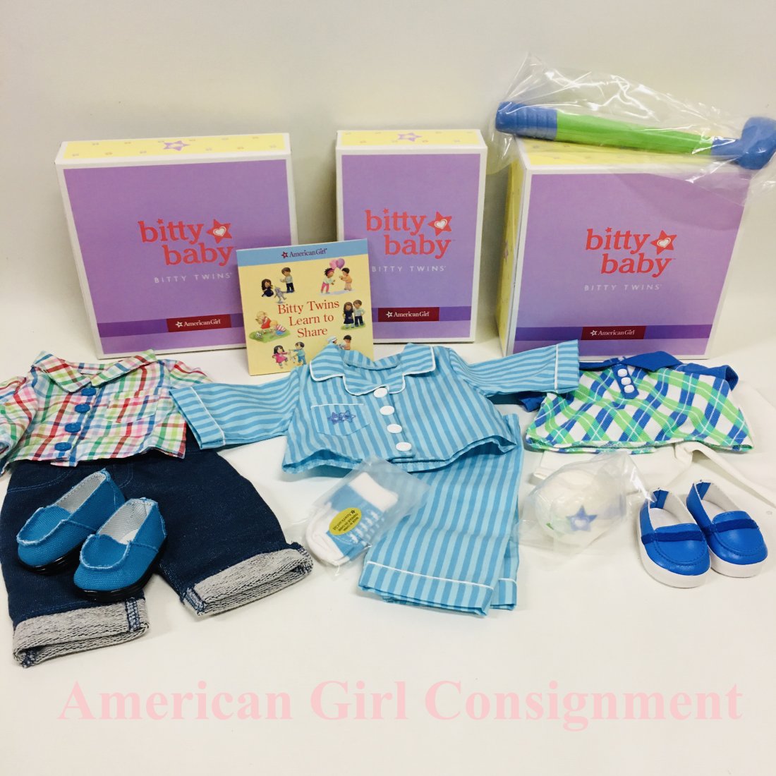 American Girl Doll Bitty Baby Rainbow Plaid Outfit, Pinstripe Pajamas and Hole in One Outfit: American Girl Doll Bitty Baby Rainbow Plaid Outfit, Pinstripe Pajamas and Hole in One Outfit with boxes ------------------ please review all pictures carefully because they are part of the description