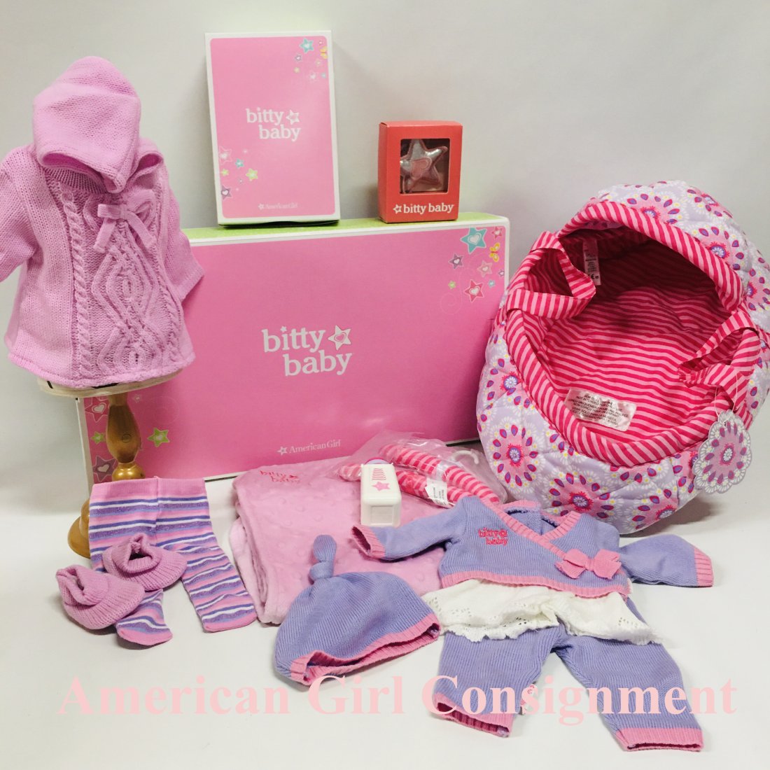 American Girl Doll Bitty Baby Collection: American Girl Doll Bitty Baby Collection to include Bringing Home Bitty Collection, Snuggly Sweater Outfit, and puffy star with boxes ------------------ please review all pictures carefully because th