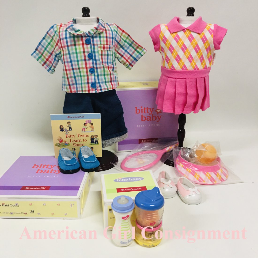 American Girl Doll Bitty Baby Collection: American Girl Doll Bitty Baby Collection to include Bitty Sip and Snack Cup, Rainbow Plaid Outfit and Tennis Pro Outfit with boxes ------------------ please review all pictures carefully because they 