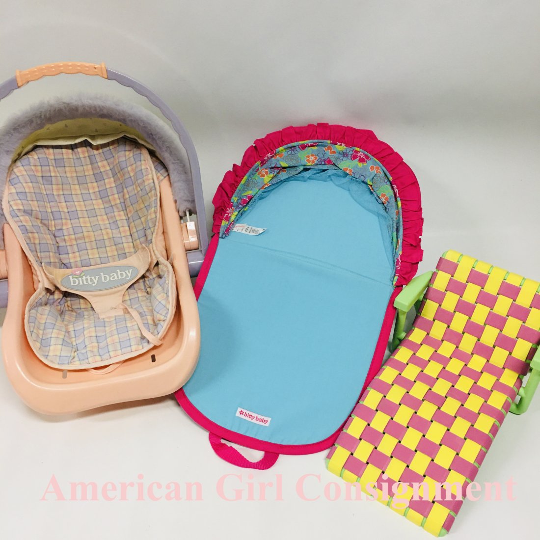 American Girl Bitty Baby Doll Lounge Chair and Carrier: American Girl Bitty Baby Doll Lounge Chair, Carrier and covered rest mat ------------------ please review all pictures carefully because they are part of the description and show condition issues if a