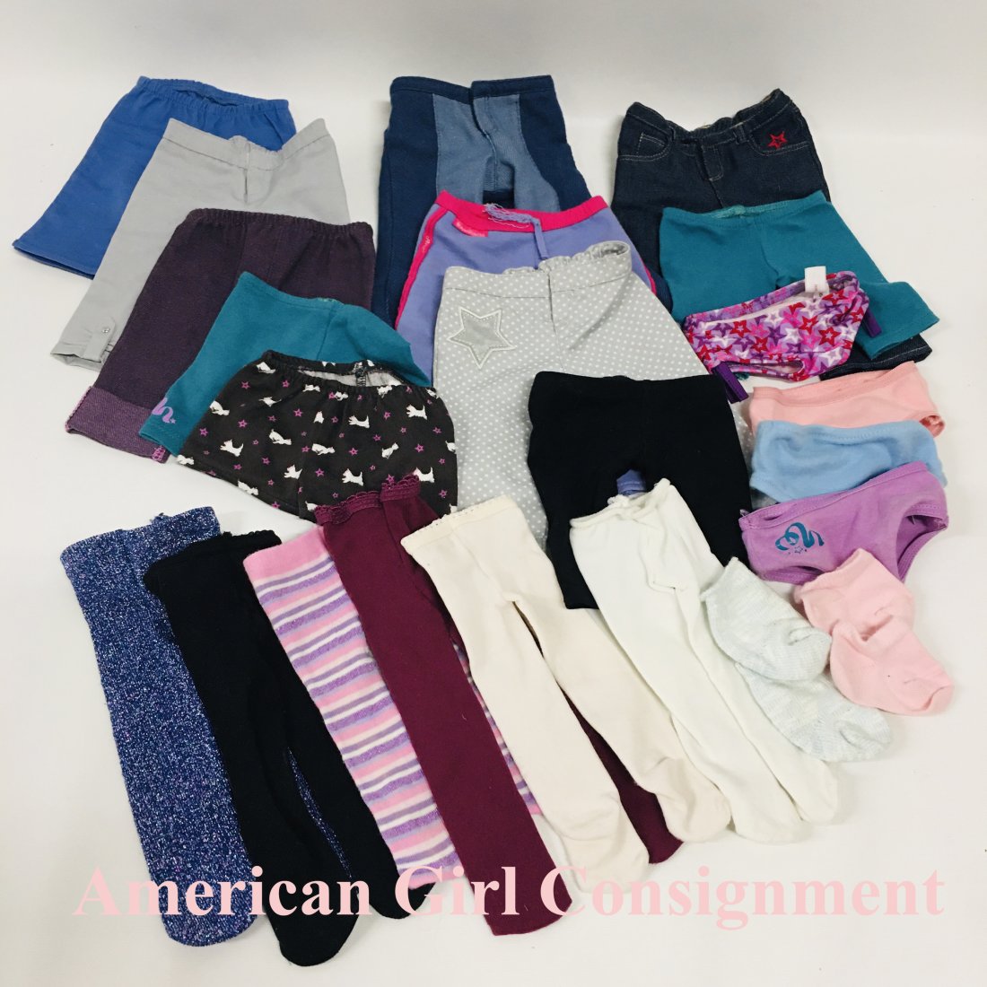Large Collection American Girl Doll Pants and Shorts: Large Collection American Girl Doll Pants, tights and Shorts, plus socks and more ------------------ please review all pictures carefully because they are part of the description and show condition is