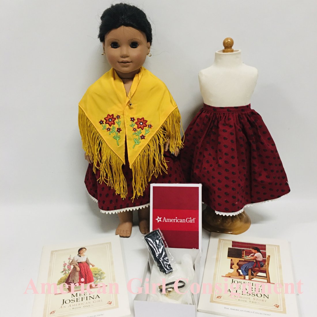 American Girl Doll Josefina with extra Meet Skirt and Accessories: American Girl Doll Josefina with extra Meet Skirt, Books and Accessories ------------------ please review all pictures carefully because they are part of the description and show condition issues if a