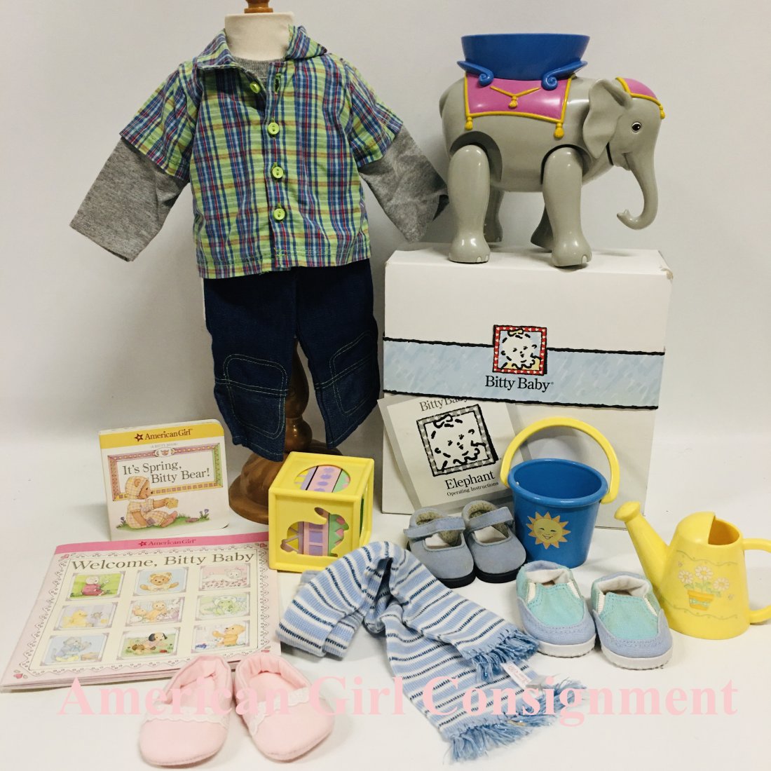 American Girl Doll Bitty Baby Collection with Toy Elephant: American Girl Doll Bitty Baby Collection with Toy Elephant ------------------ please review all pictures carefully because they are part of the description and show condition issues if any -----------