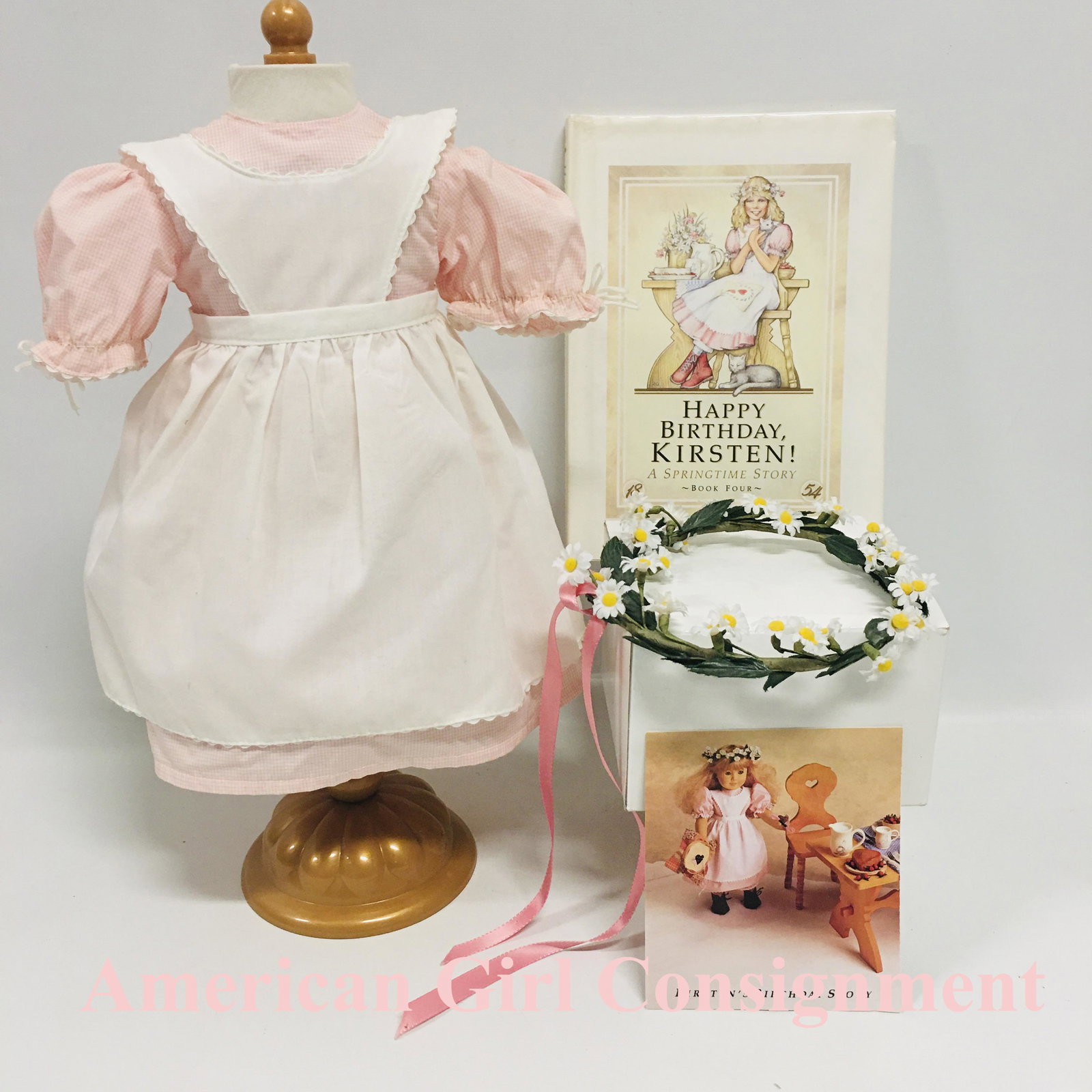 American Girl Doll Kirsten Apron Dress, Daisy Wreath and Book: American Girl Doll Kirsten Apron Dress, Daisy Wreath and Book ------------------ please review all pictures carefully because they are part of the description and show condition issues if any --------