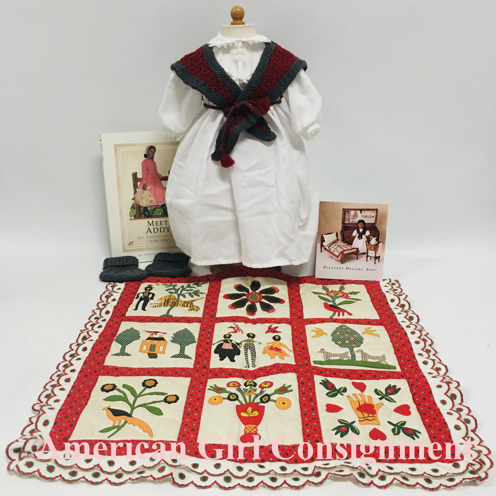 American Girl Addy Nightgown, Heartwarmer, Slippers and Quilt: American Girl Addy Nightgown, Heartwarmer, Slippers and Family Album Quilt ------------------ please review all pictures carefully because they are part of the description and show condition issues if