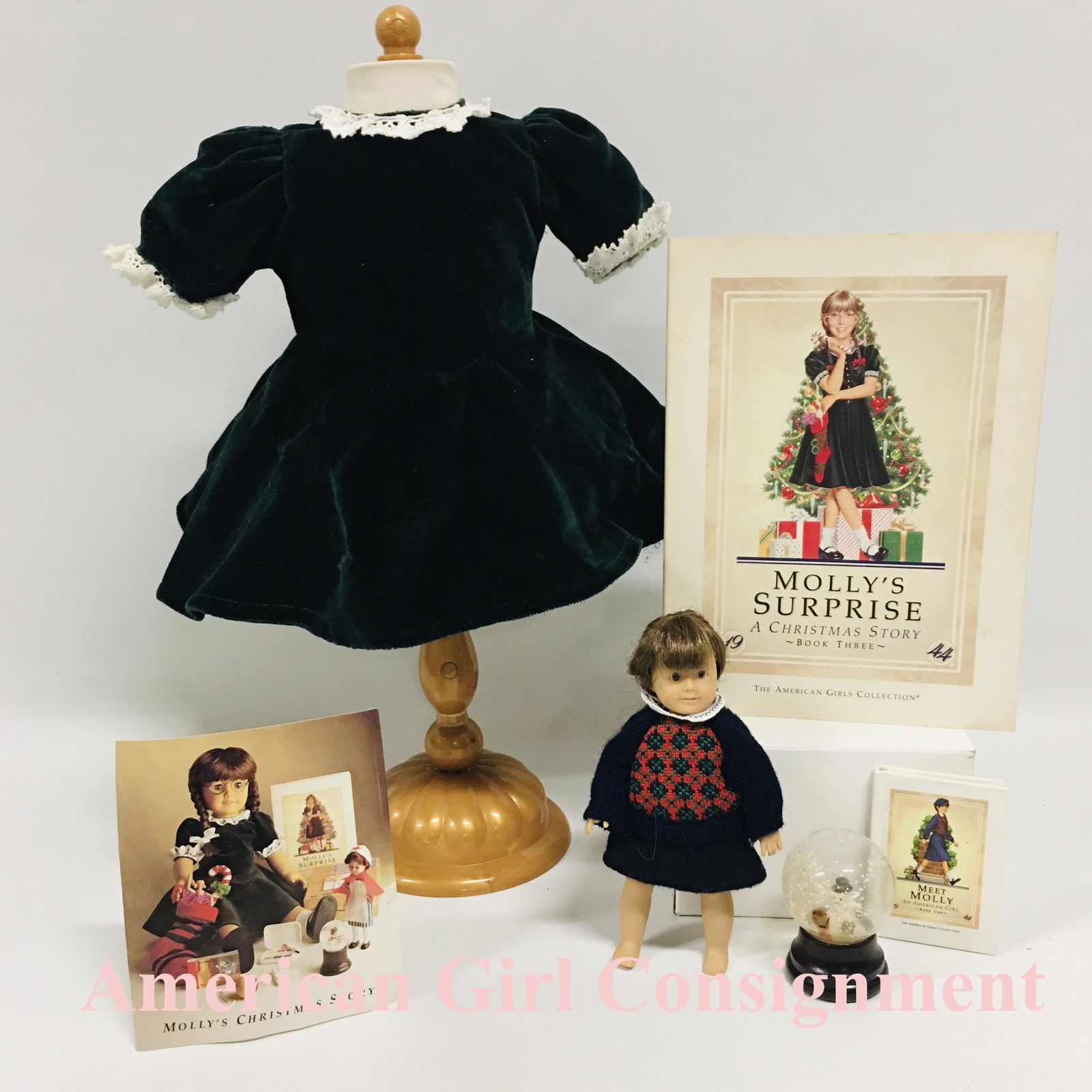 American Girl Doll Molly first Evergreen Velvet Dress, Mini doll and Snow Globe (1 of 5)