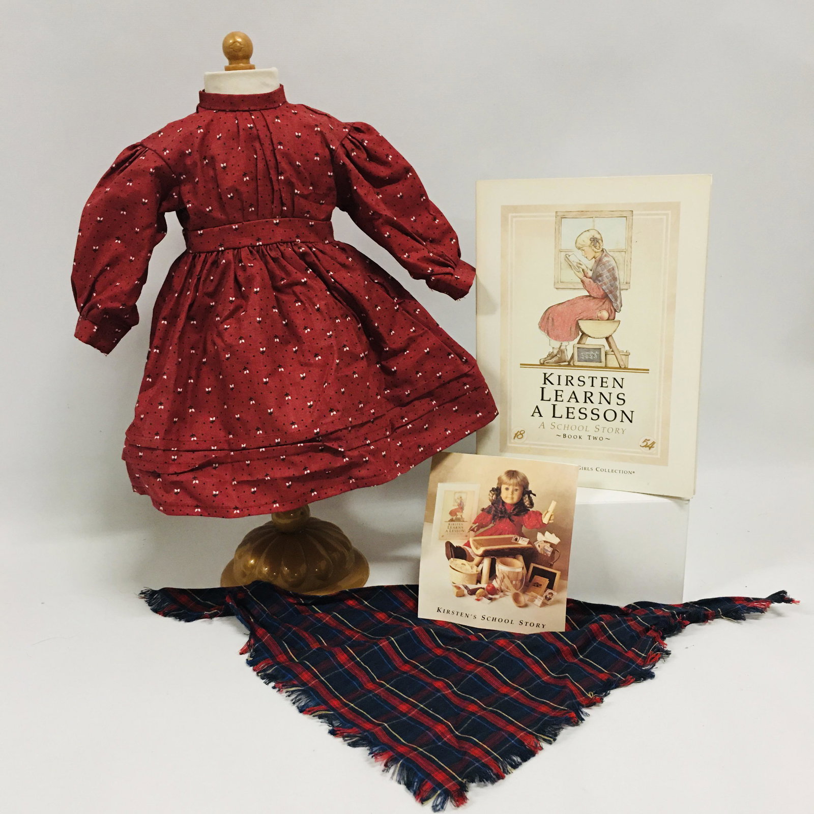 American Girl Doll Kirsten School Dress, Shawl and Book: American Girl Doll Kirsten School Dress, Shawl and Book ------------------ please review all pictures carefully because they are part of the description and show condition issues if any --------------