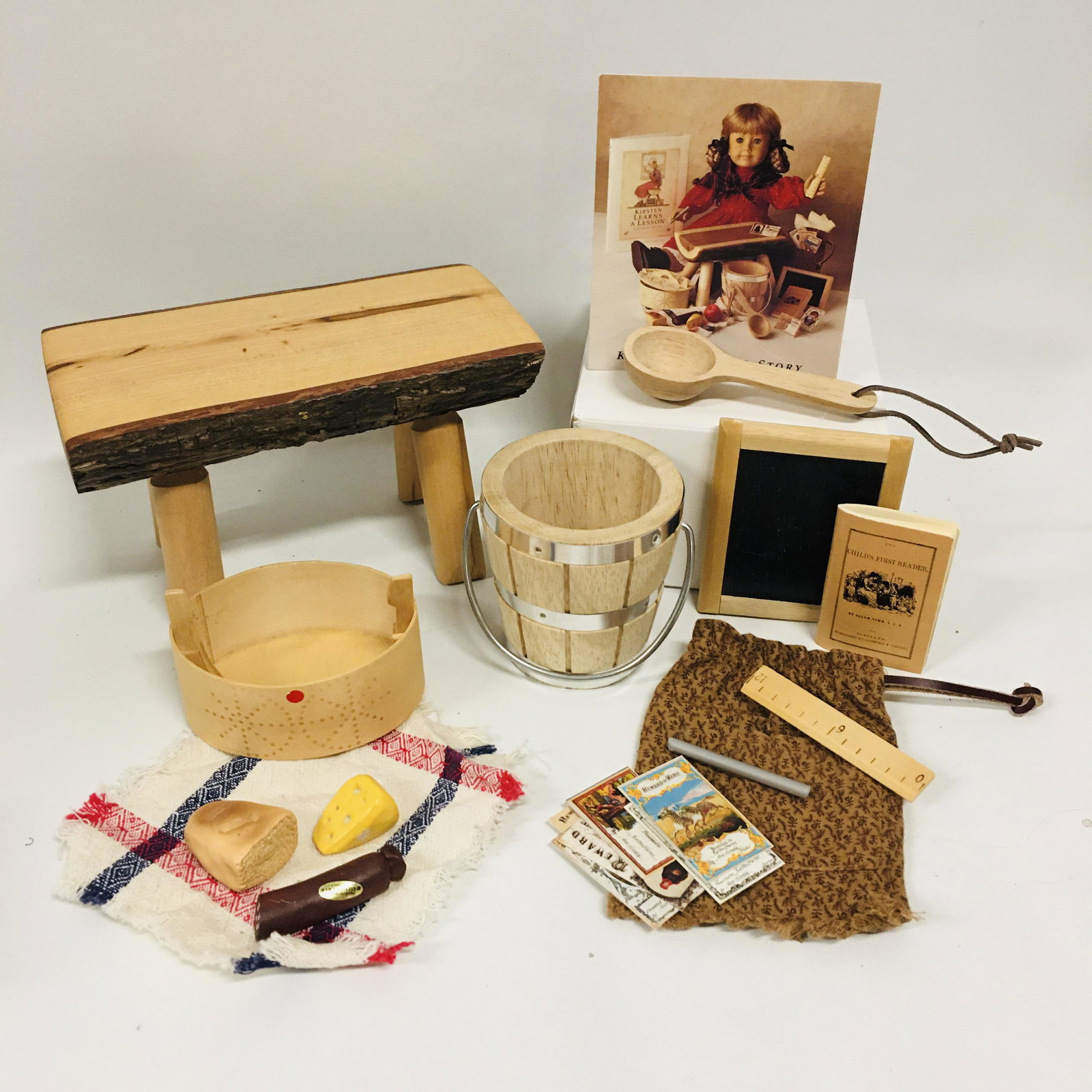 American Girl Doll Kirsten School Bench, Pioneer Lunch and Slate Bag: American Girl Doll Kirsten School Bench, Pioneer School Lunch, Slate Bag and Supplies ------------------ please review all pictures carefully because they are part of the description and show conditio