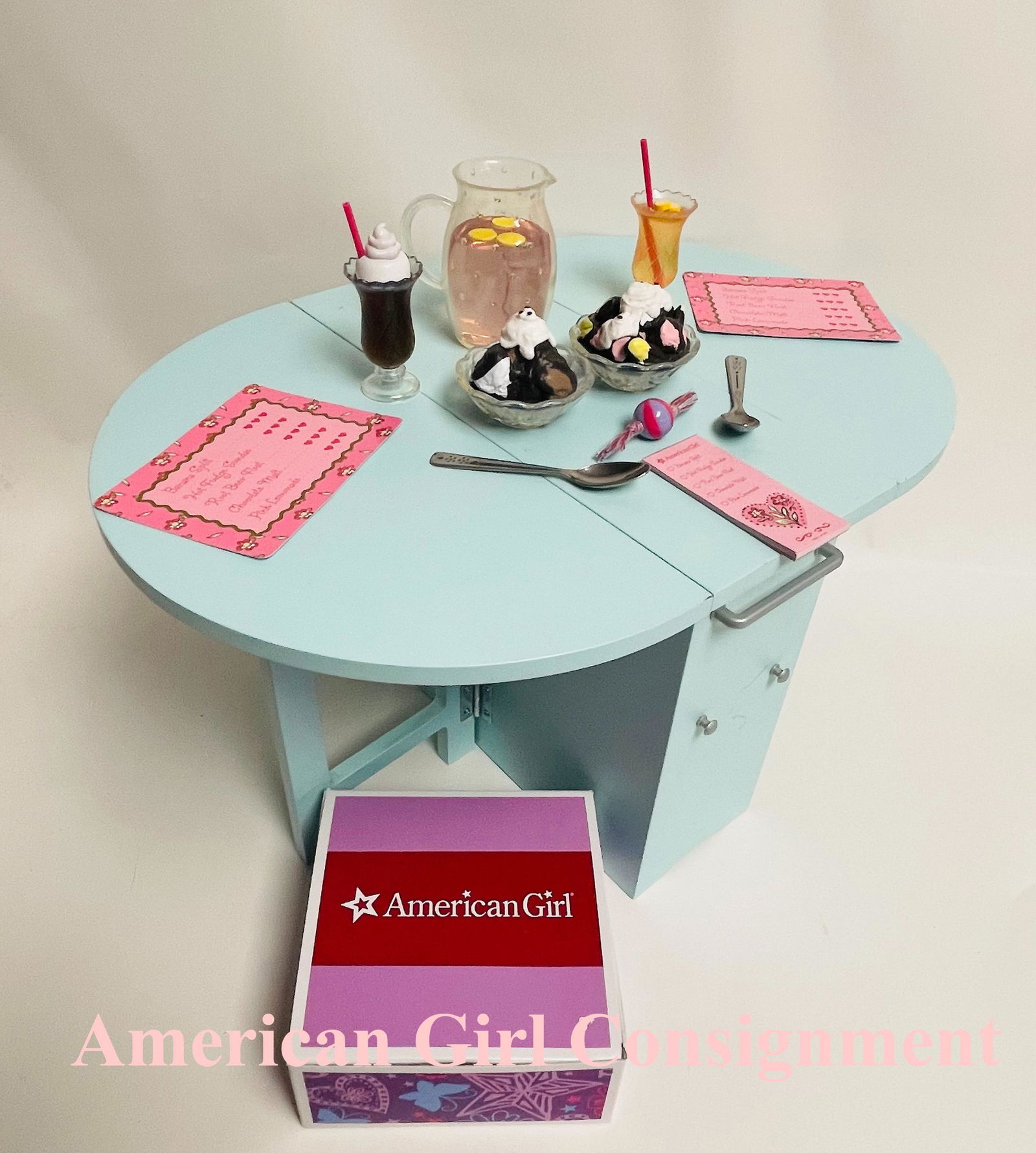 American Girl Doll Baking Table and Treats in Box: American Girl Doll Baking Table and Treats in Box ------------------ please review all pictures carefully because they are part of the description and show condition issues if any ------------------ p